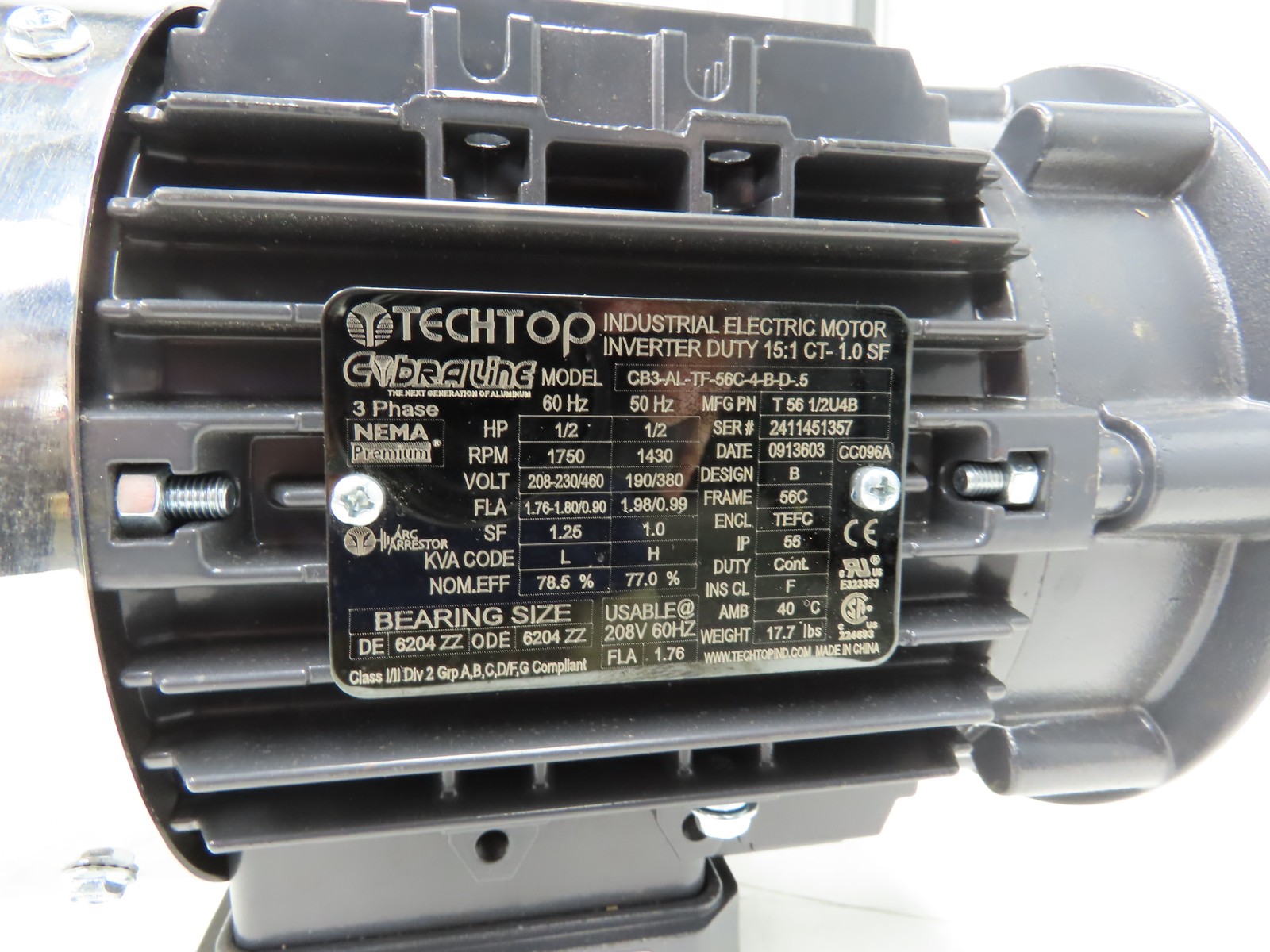 TechTop CB3-AL-TF-56C-4-B-D-.5 AC Motor 0.5 Hp 1750RPM 208-230/460V 3PH 56C TEFC