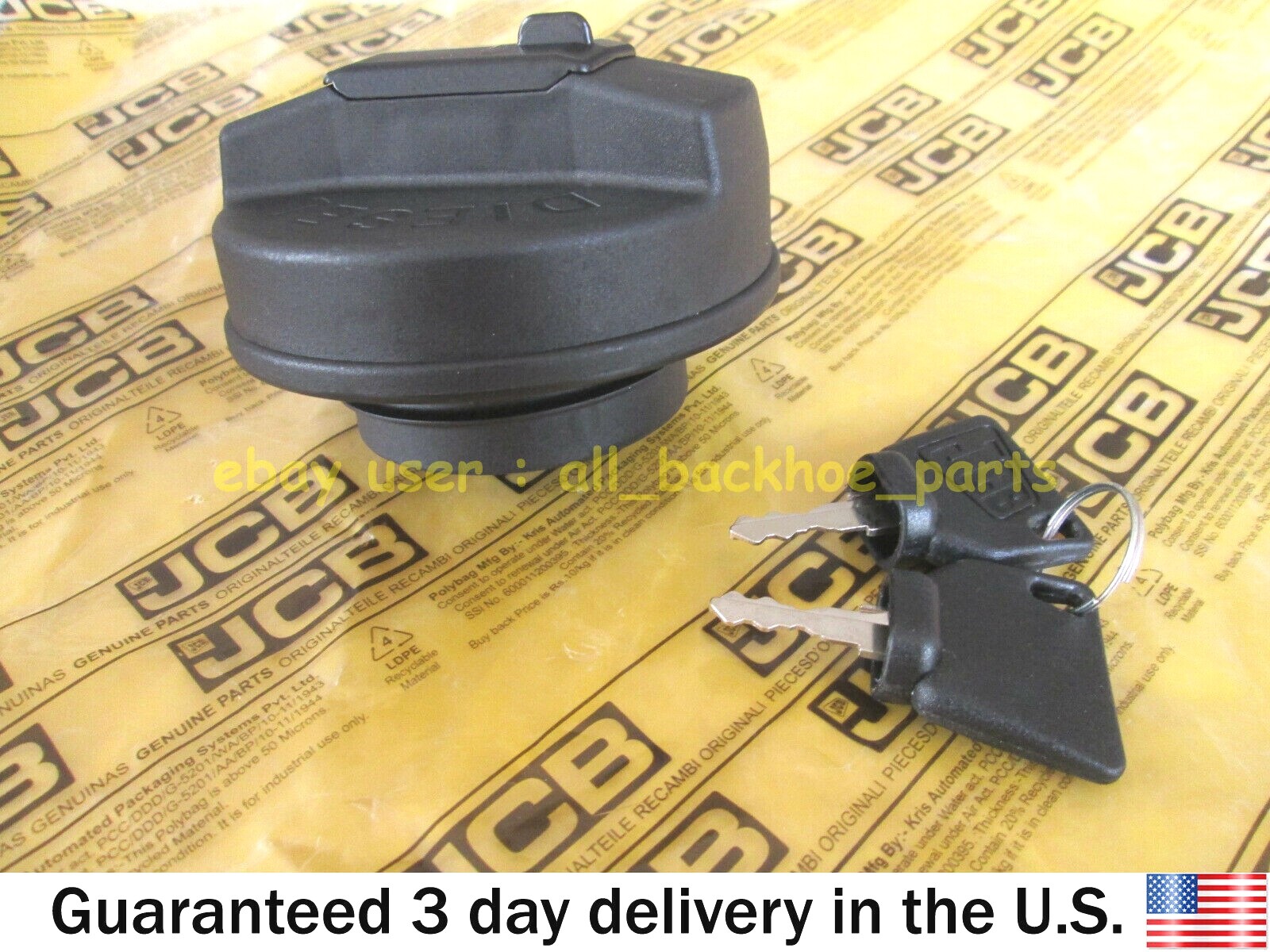 JCB BACKHOE- GENUINE JCB DIESEL FILLER CAP W. 2 KEYS (PART# 332/F4780 331/11403)