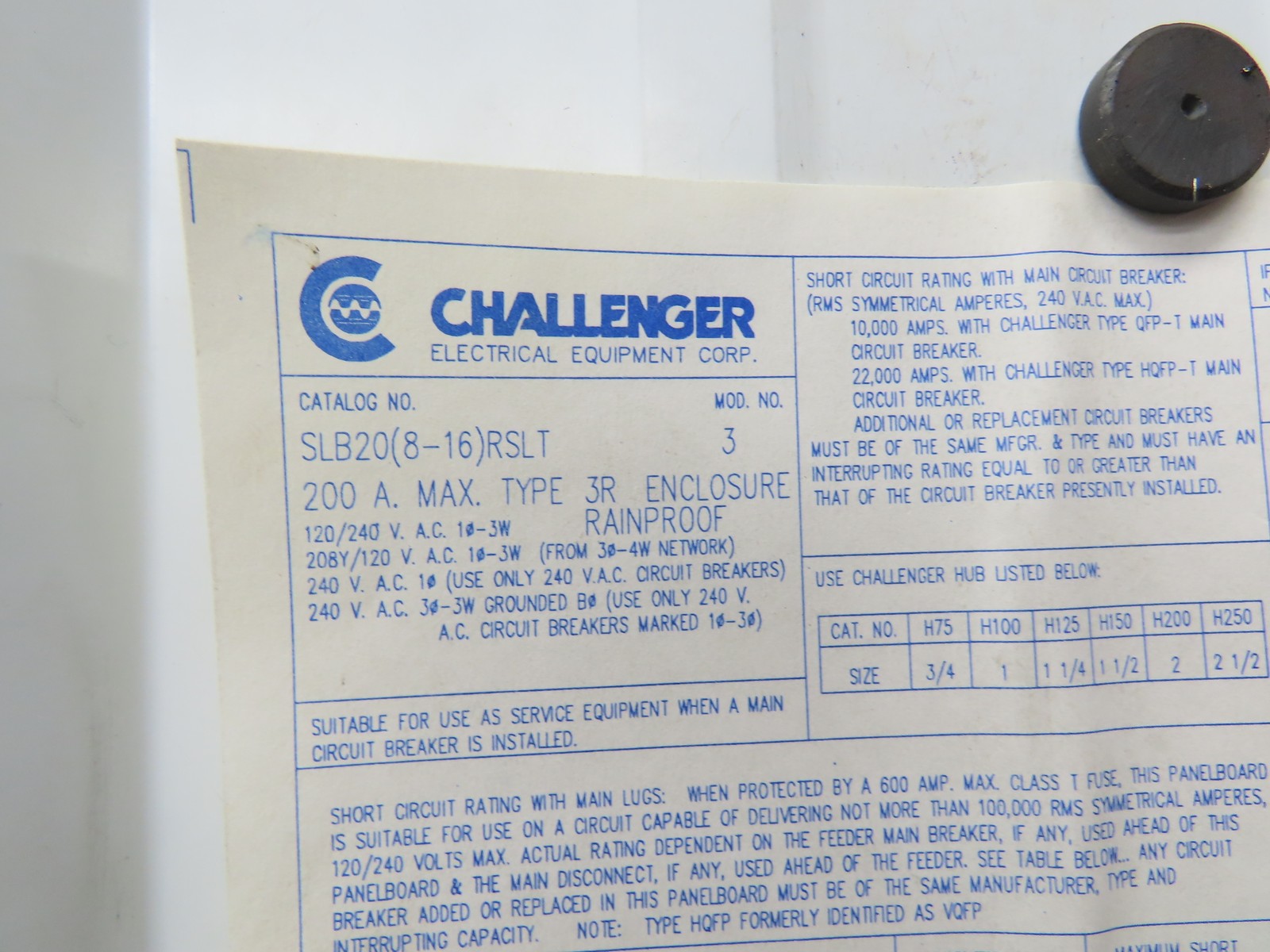 Challenger SLB20 Breaker Load Center Enclosure 200A 120/240V 1PH 3R Rainproof