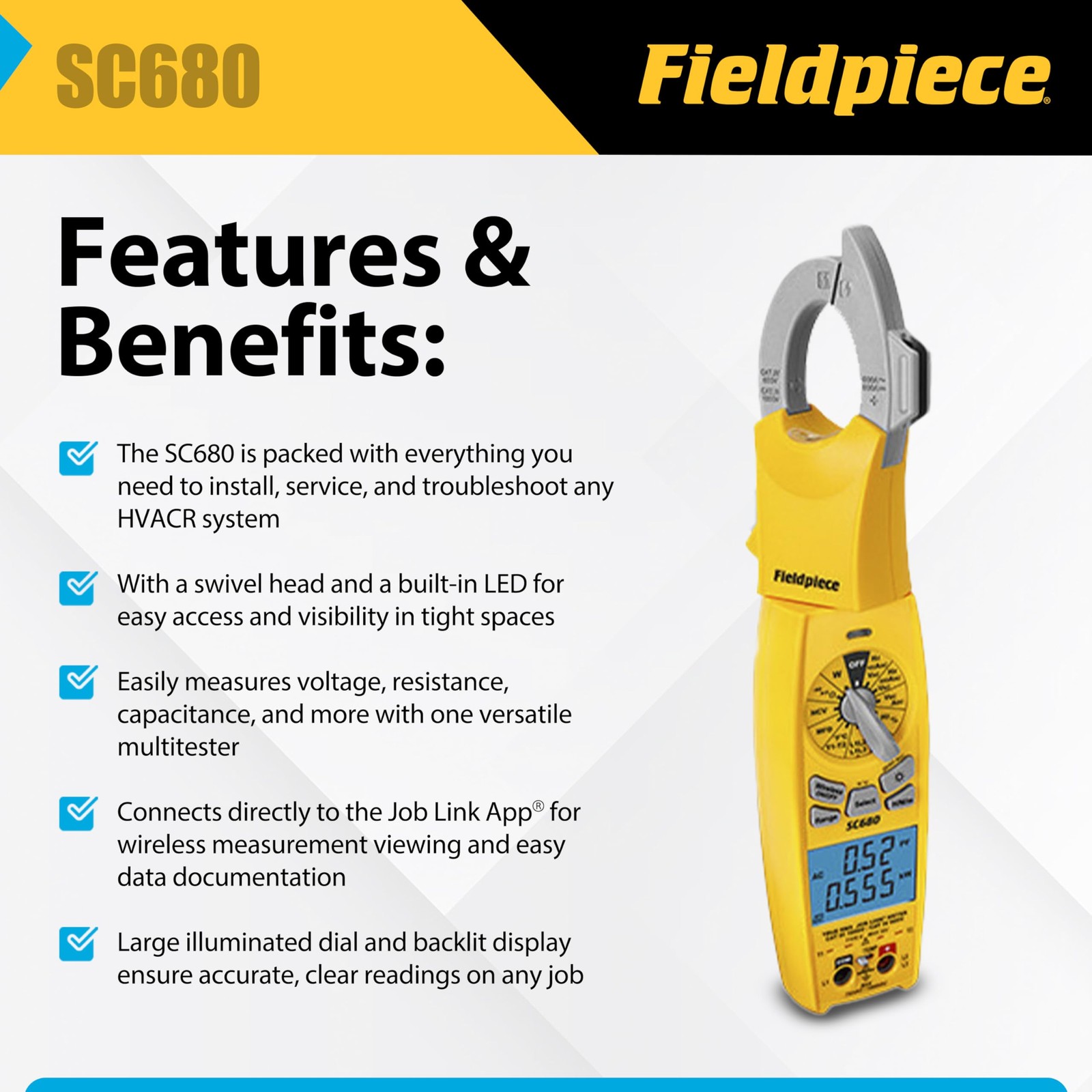 Fieldpiece SC680 Clamp Meter – Wireless Power 4 x 18.5 x 3.5 inches, Yellow