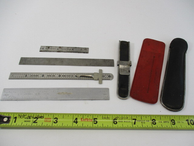 (3) 6″ Scales (1) 3″ Cut Down Ruler (3) Old Scale Sleeve Holders for Rulers VGC