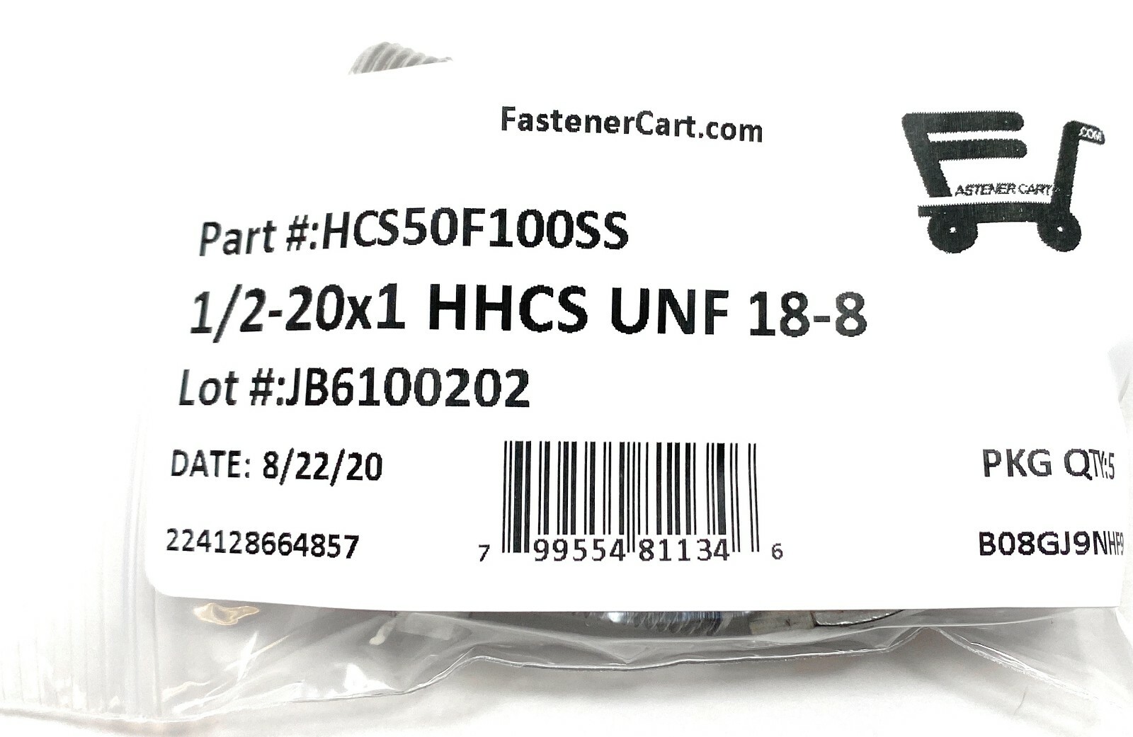 (5) 1/2-20×1 Stainless Steel Hex Cap Screws Hex Bolts (UNF) FINE THREAD