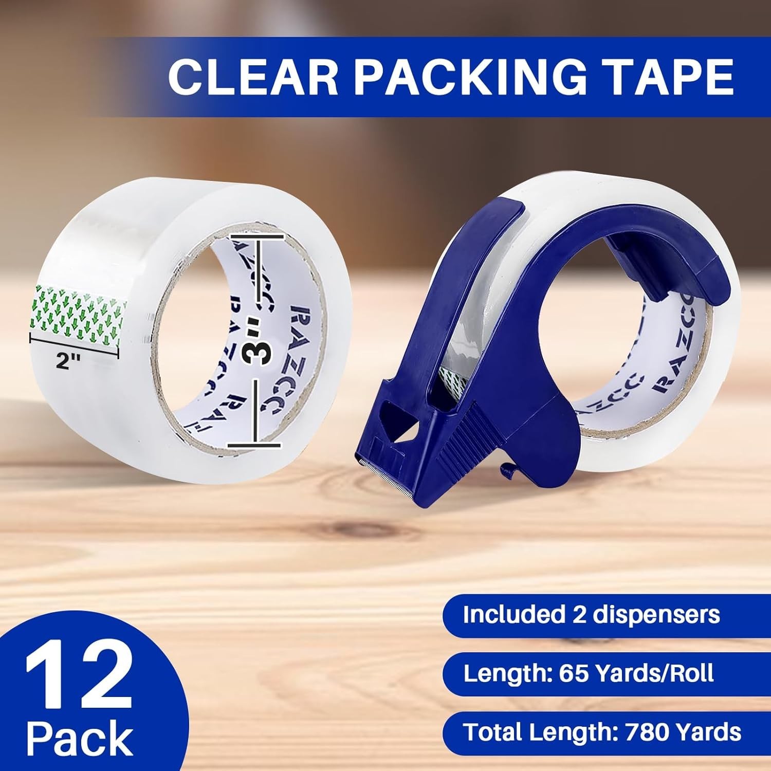 Clear Packing Tape, 12 Rolls Heavy Duty Packaging Tape with Dispensers for Pa…
