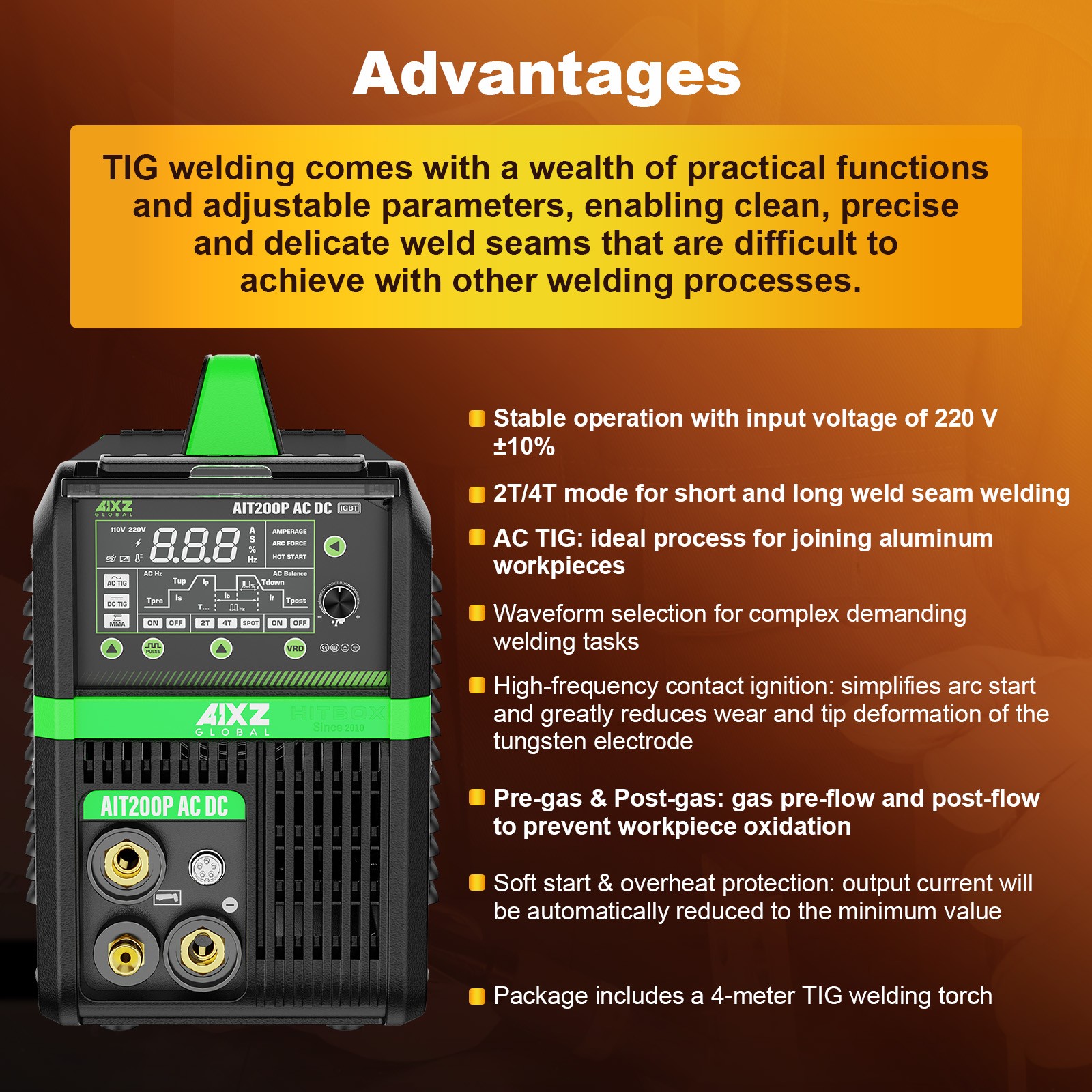 AC DC Aluminium TIG/MMA Welding Machine 200A 110V/230V Pulse Spot HF TIG Welder
