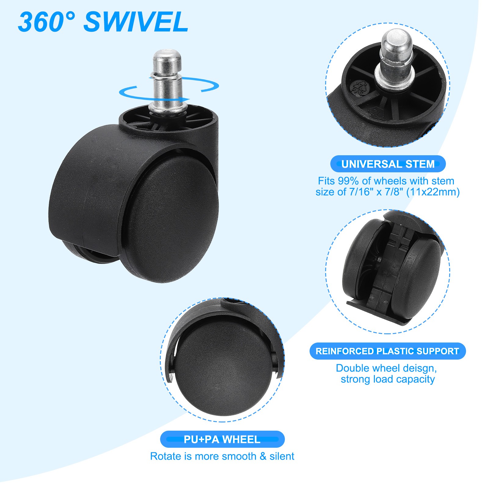 5Pcs 2 Inch Office Gaming Chair Wheel Replacement Smooth Quite Caster Black