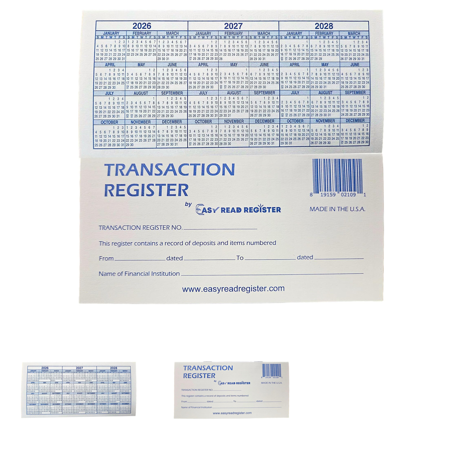 Checkbook Registers 2026 2027 2028 Calendars Made in USA 6×3 Inches 12 Pouches