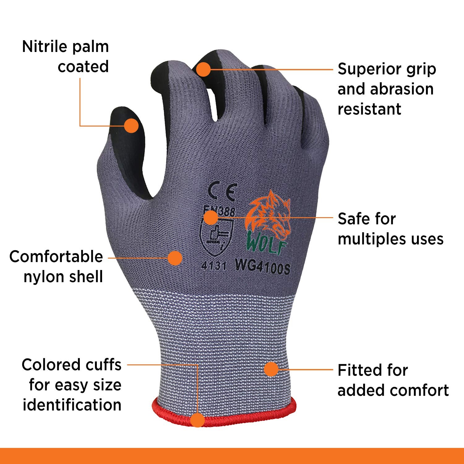 WOLF Ultra-Thin Nitrile Foam Grip Palm Coated Nylon Shell Work Glove, Constru…