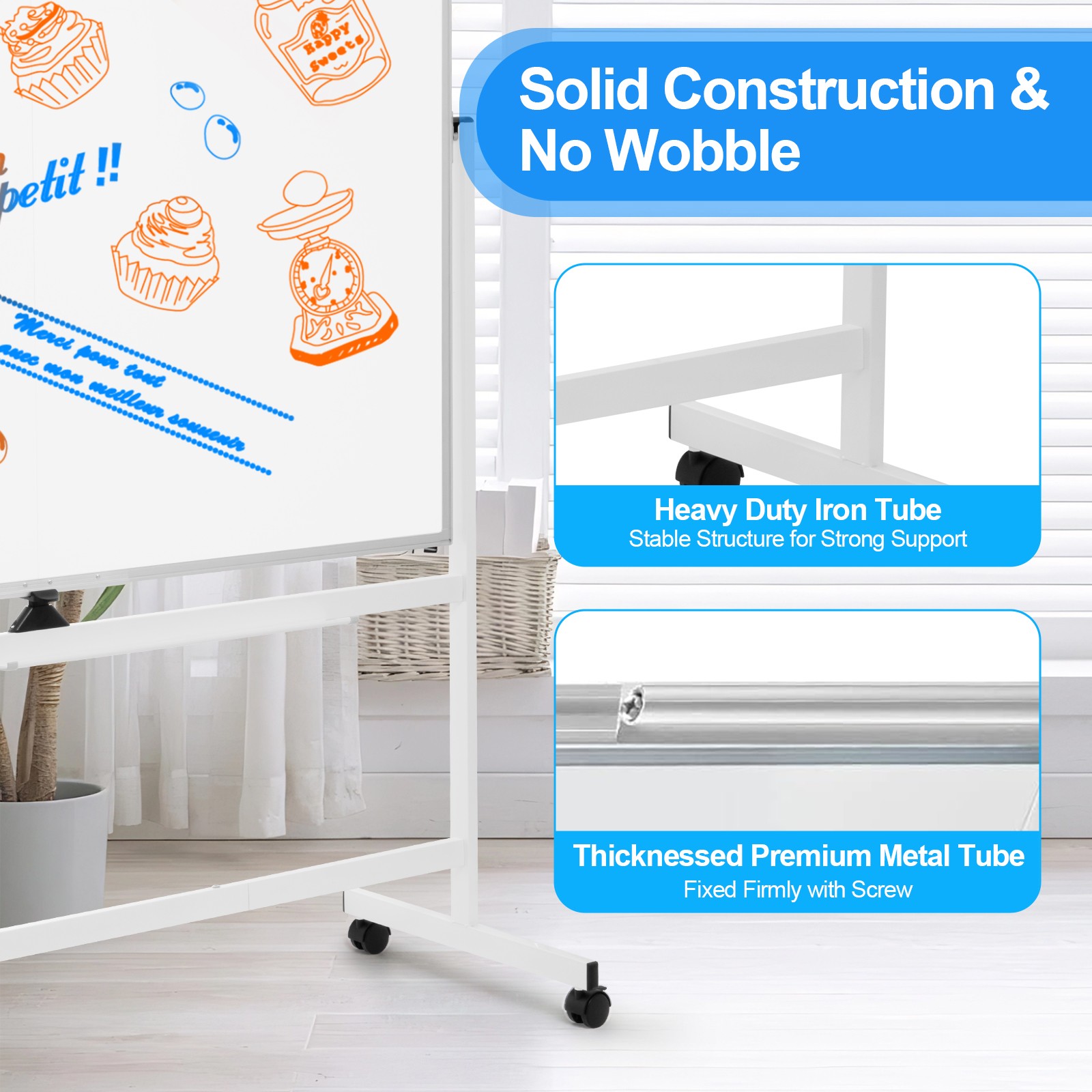 60″ x 48″ Large Double-Sided Magnetic Mobile Whiteboard Rolling Dry Erase Board