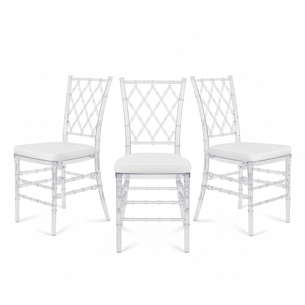 Set of 3 Acrylic Event Chair with Cushion for Wedding – No Assembly Required.