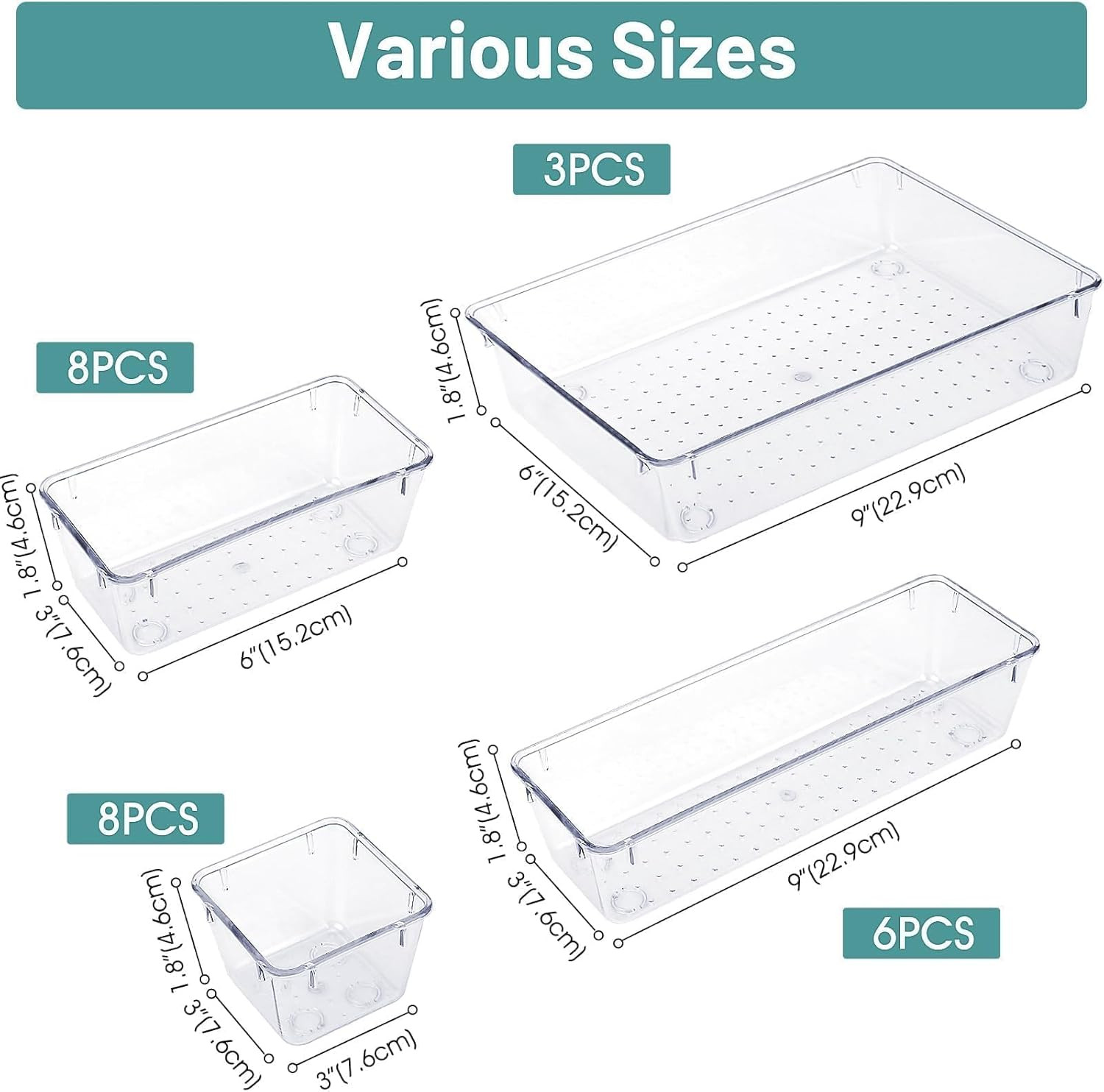 25 PCS Clear Plastic Drawer Organizer Set, 4 Sizes Desk Drawer Divider Organizer