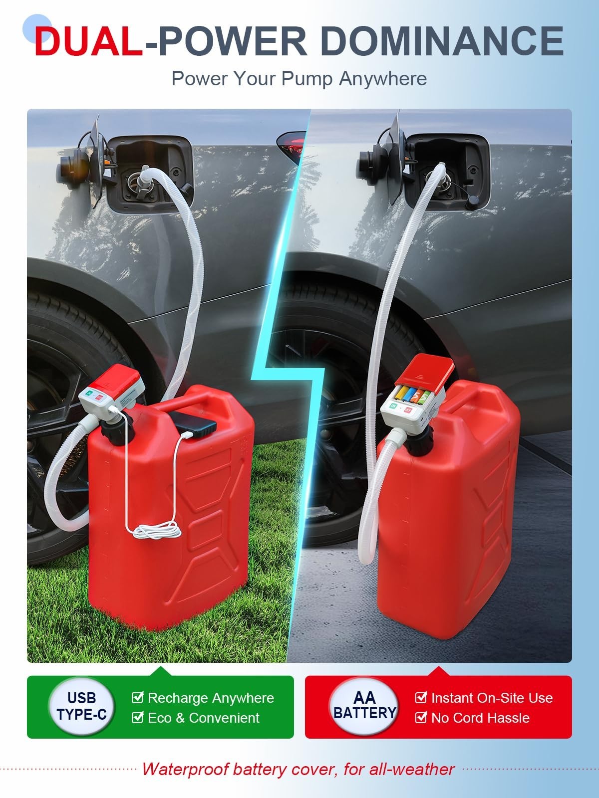 3.2 GPM Fuel Transfer Pump, USB-C & Battery Powered, Auto-Stop, 51″ Hose, 4 Adap