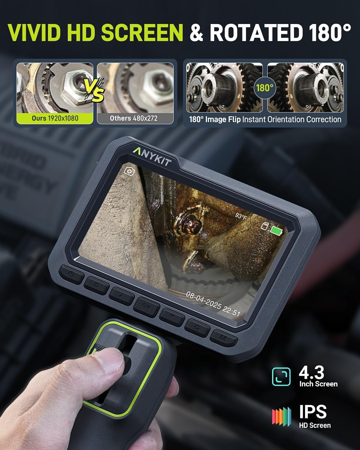 Anykit Articulating Borescope 210° Two-Way 0.22in Slim Probe Endoscope 4.3″ IPS
