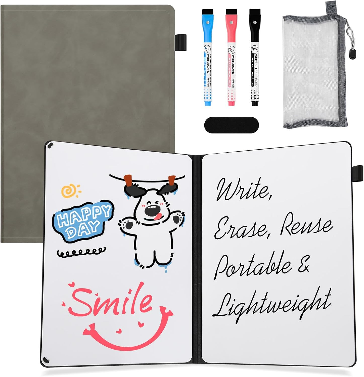 Mini Whiteboard 12 x 9 in Double Sided Folding Travel Board w/ 3 Markers