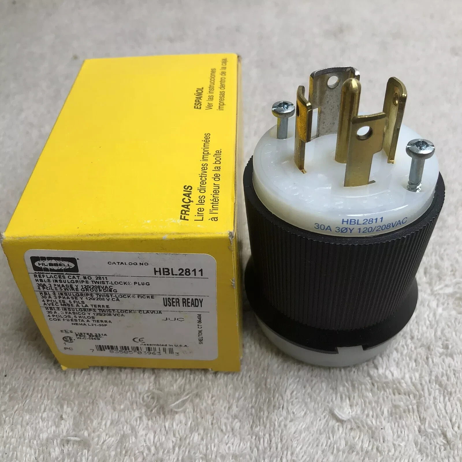 HUBBELL TWIST-LOCK INSULGRIP HBL2811 MALE 30A 120/208VAC 4P 5W GRND L21-30