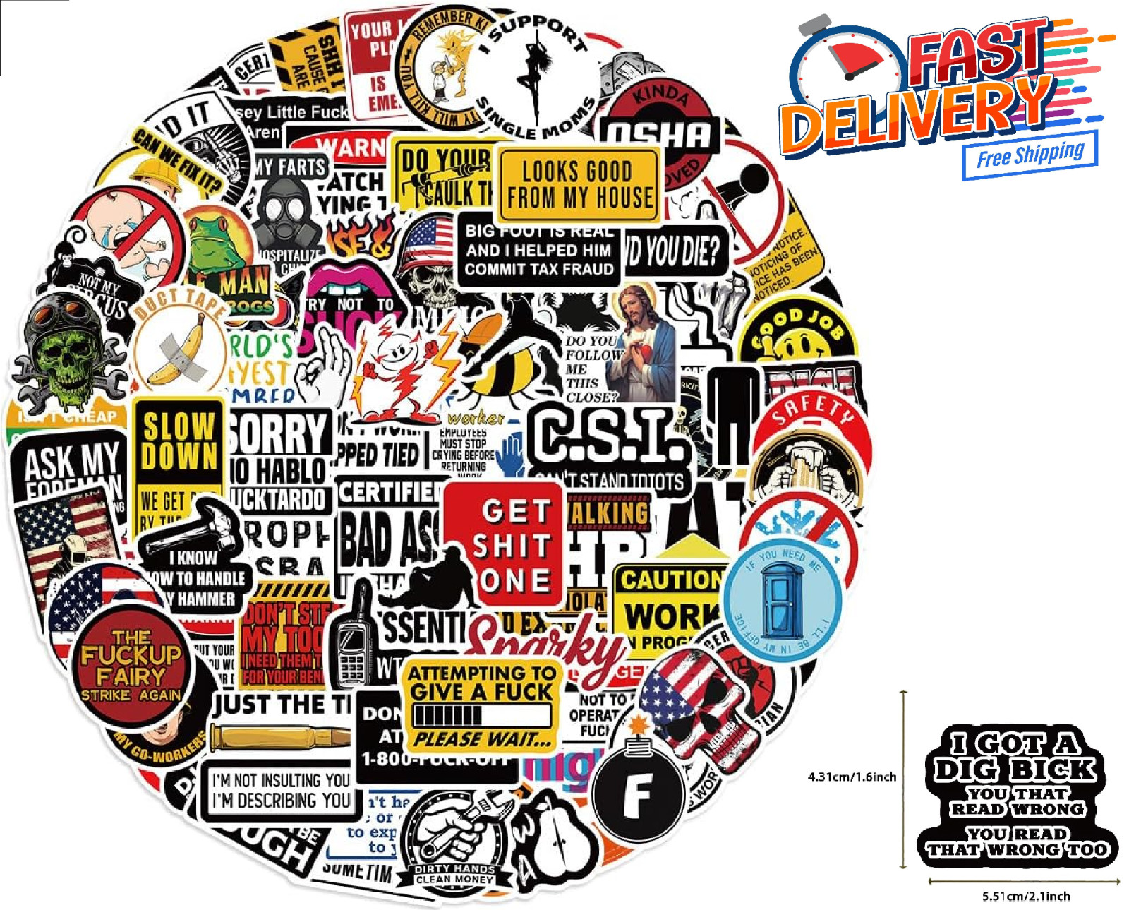 100pcs Funny Hard Hat Stickers (Dirty) for Adult Tool Box, Helmet, Black