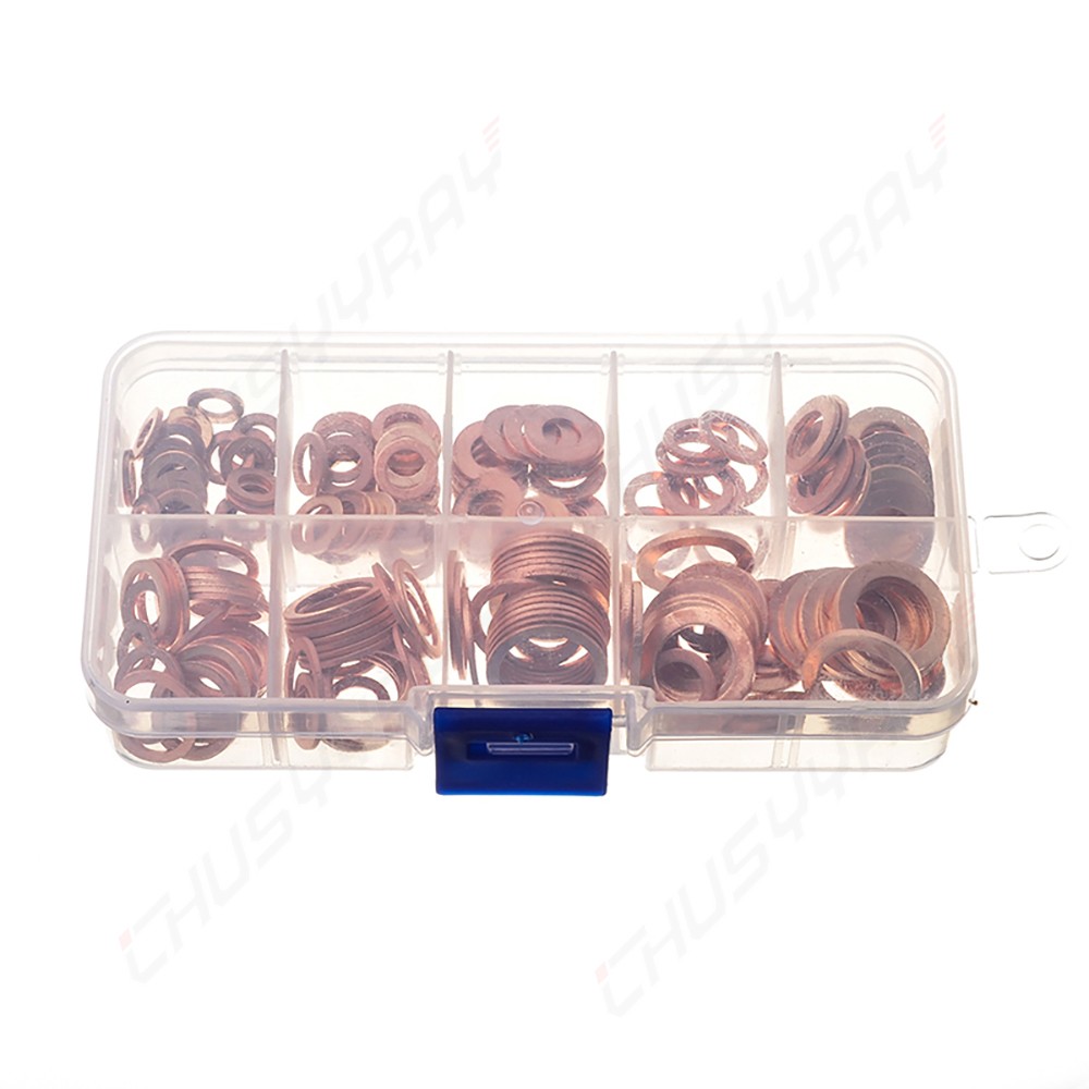 200PC M5-m14 Copper Washers Gasket Set Flat Ring Seal Kit With Plastic Box