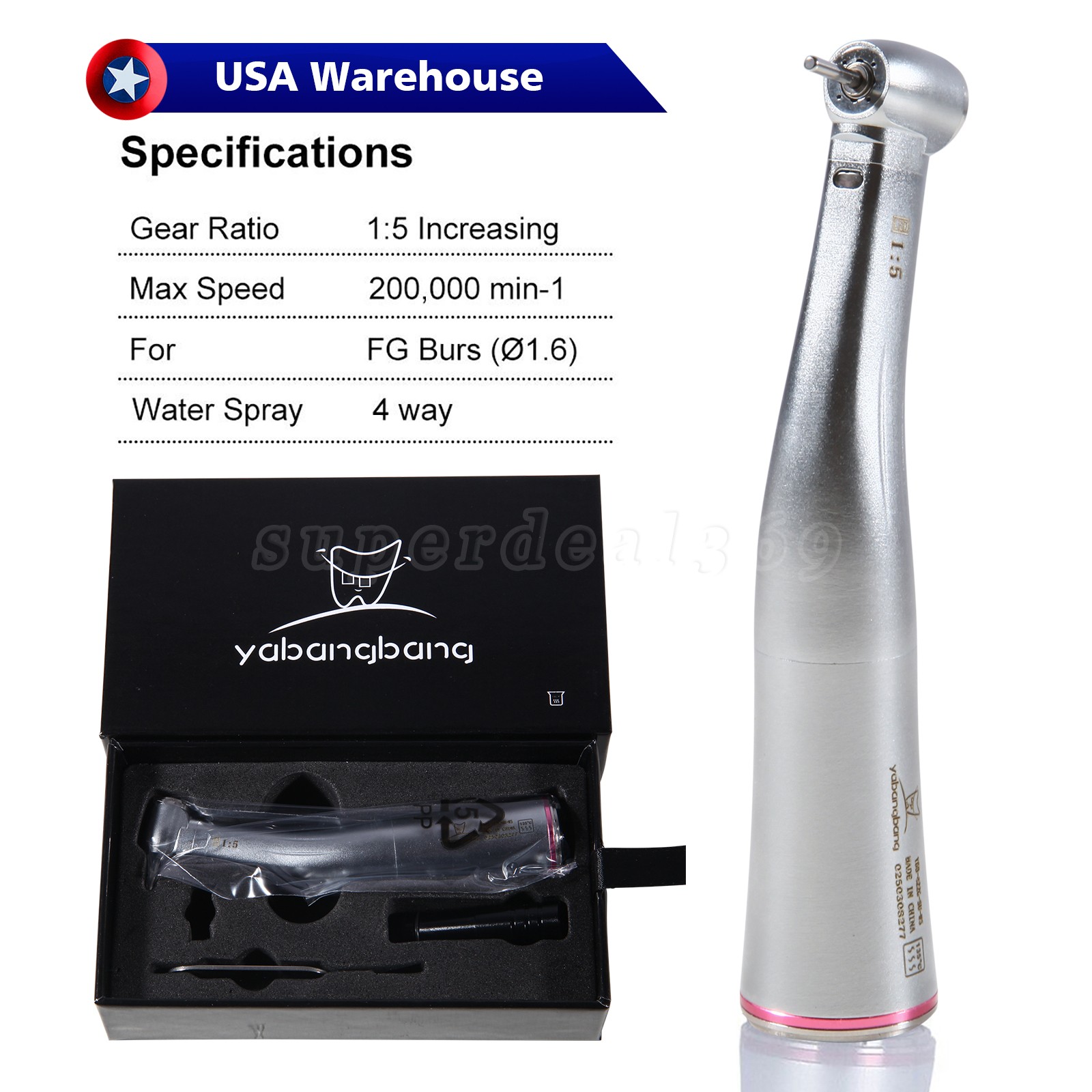 Yabangbang Dental Electric Handpiece 1:5 Contra Angle LED Optic High Speed 1-10