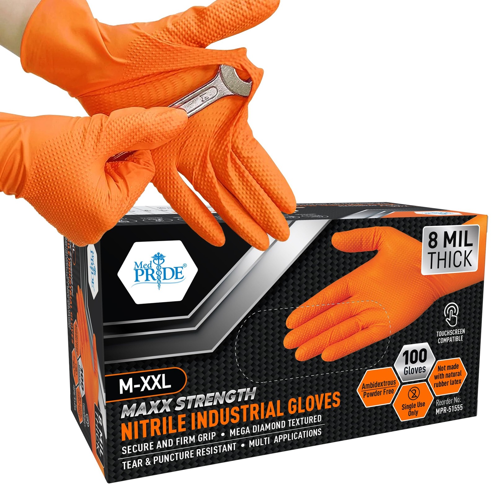 MED PRIDE Maxx Strength Nitrile Industrial Orange Gloves, 8 Mil Thick – Diamo…