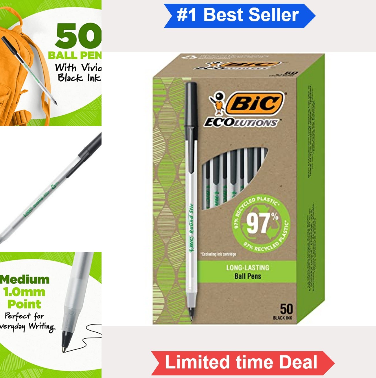 Ballpoint Pens 50 Count 1.0mm Medium Point Black Ink Recycled Plastic For