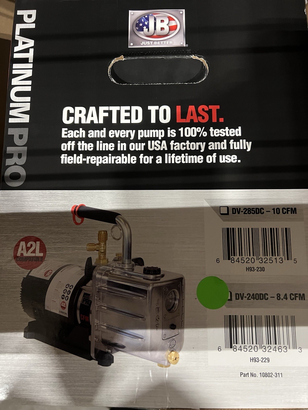 JB Industries DV-240DC Vacuum Pump, 8.4 CFM 1/2 hp DC Motor Platinum Pro DC 8.4