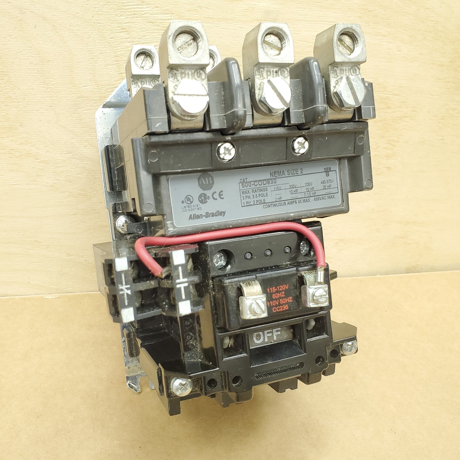 Allen Bradley 500-COD930 Contactor w/ 120VAC Coil NEMA Size 2 rated 25HP – NEW