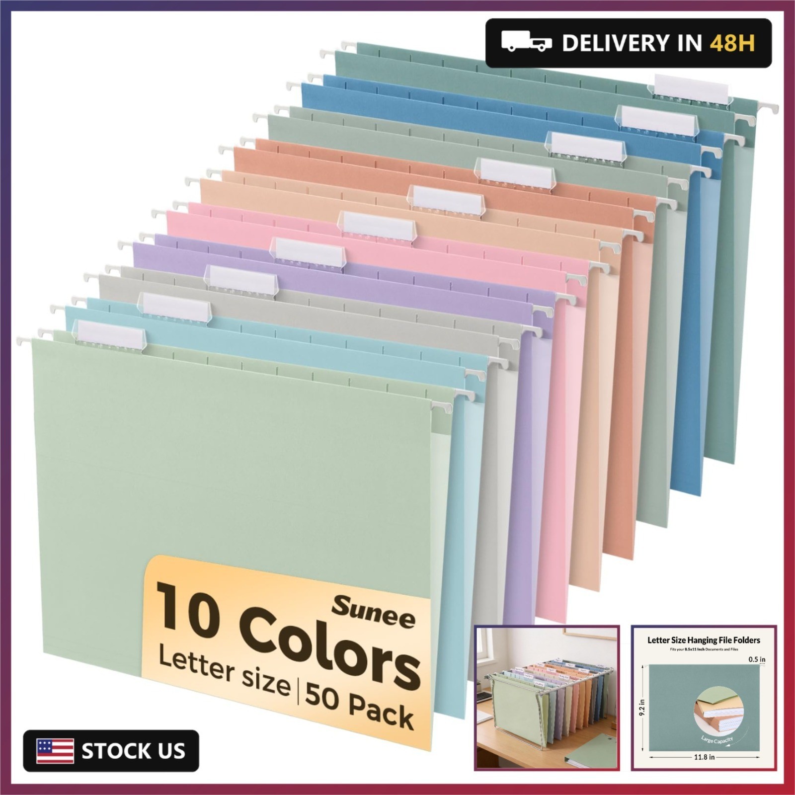 SUNEE Hanging File Folders, 50 Pack Letter Size Hanging File Folders with 1/5-cu