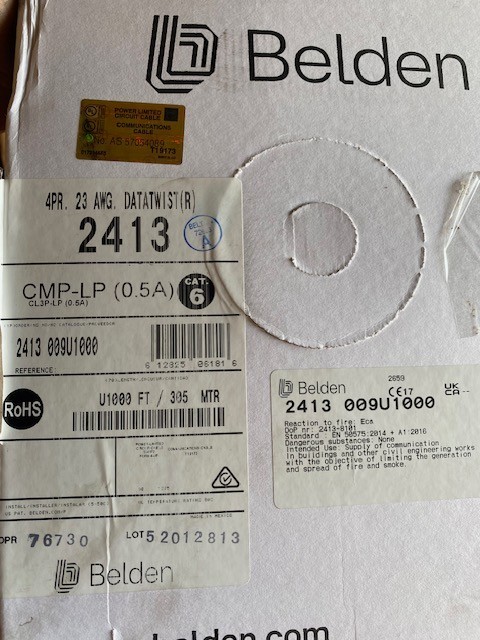 Belden 2413 009U1000 23 AWG 4 Pair U/UTP CMP Box Cat 6 Unbonded White, 1,000 FT