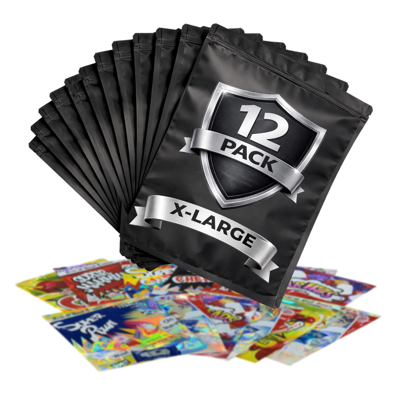 12 Pack 1lb Smell Proof Foil Mylar Bags 12” x 15” Mix Designs Pound Zip Bags
