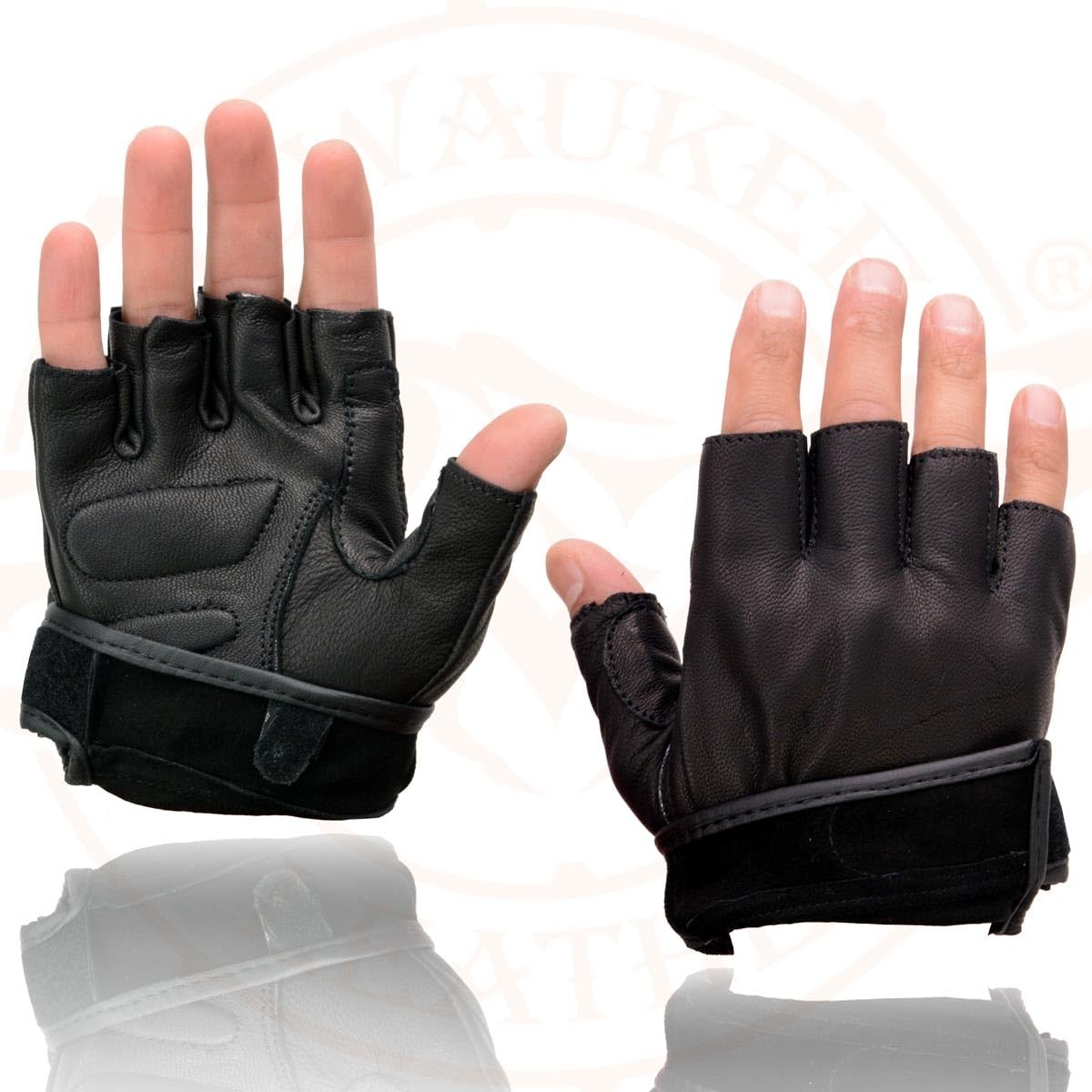 MG7585 Men’s Black Leather Gel Padded Palm Fingerless Motorcycle Hand Gloves w/F