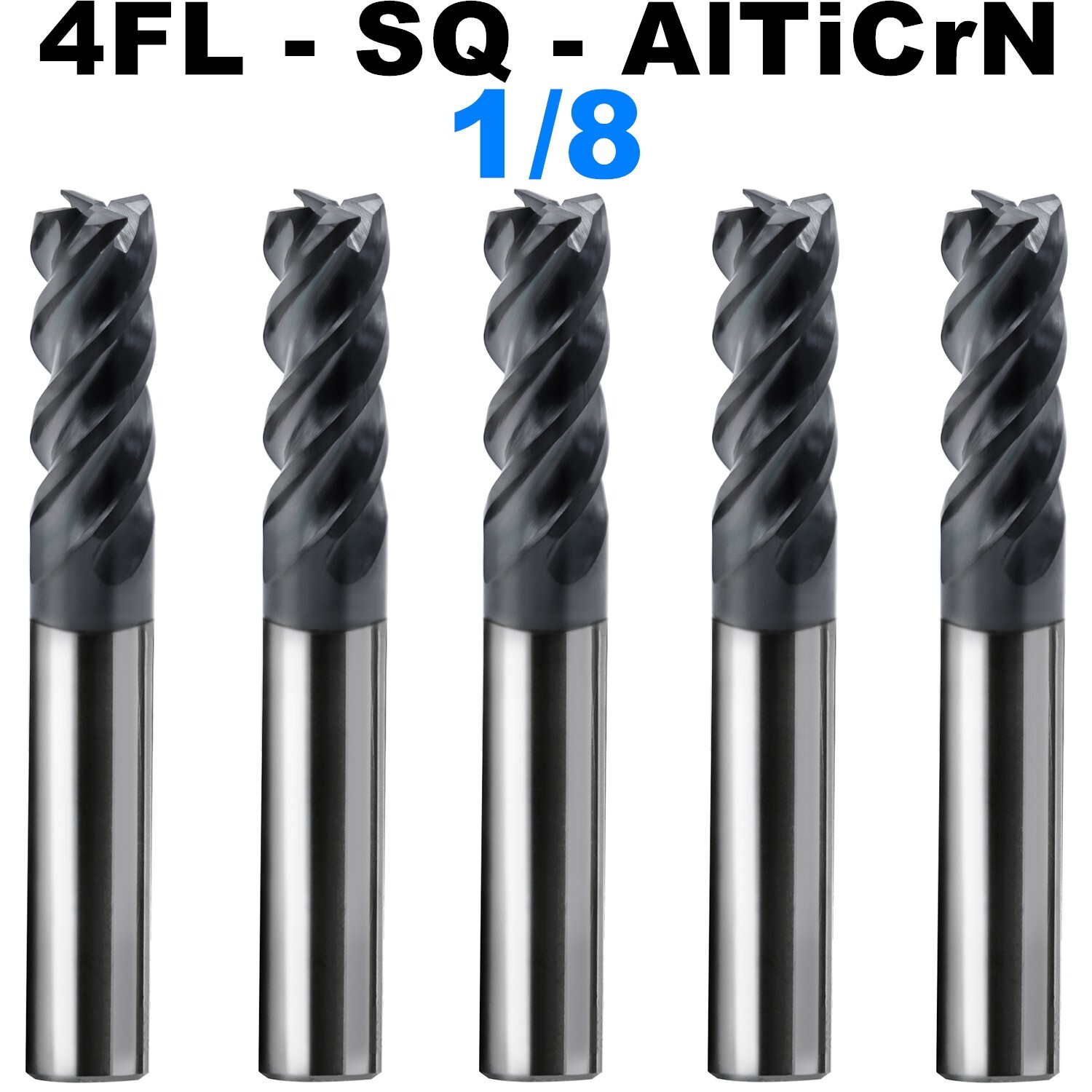 5 PCS 1/8″ 4 Flutes Square 45° Helix Carbide End Mill Bits AlTiCrN Coated HRC 50
