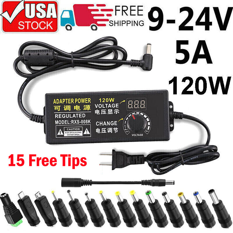120W Adjustable Voltage Power Supply Adapter Transformer with 15 Plugs 9V-24V 5A