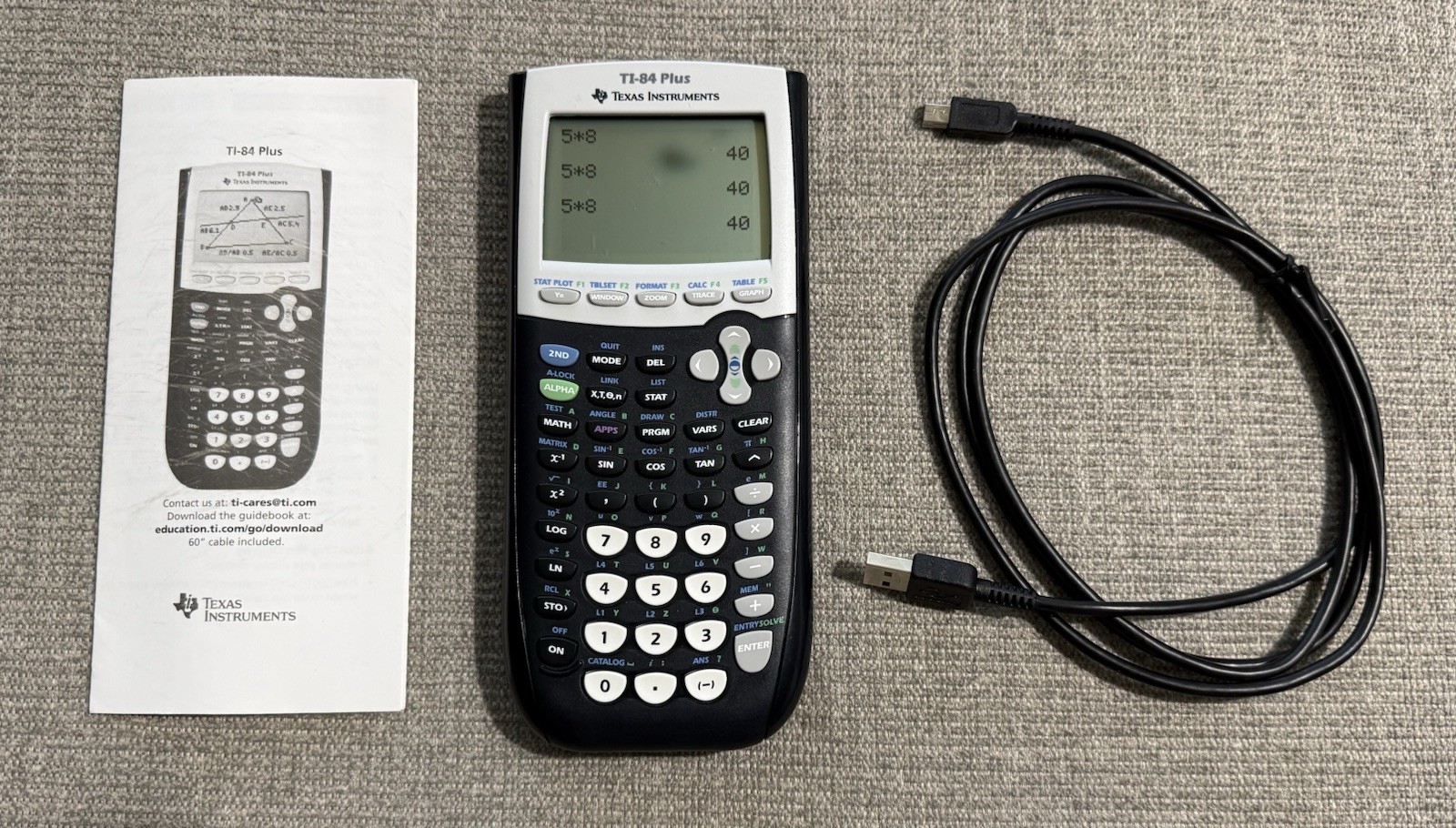 TEXAS INSTRUMENTS TI-84 PLUS GRAPHING CALCULATOR BLACK & MANUAL & CABLE FREE S&H