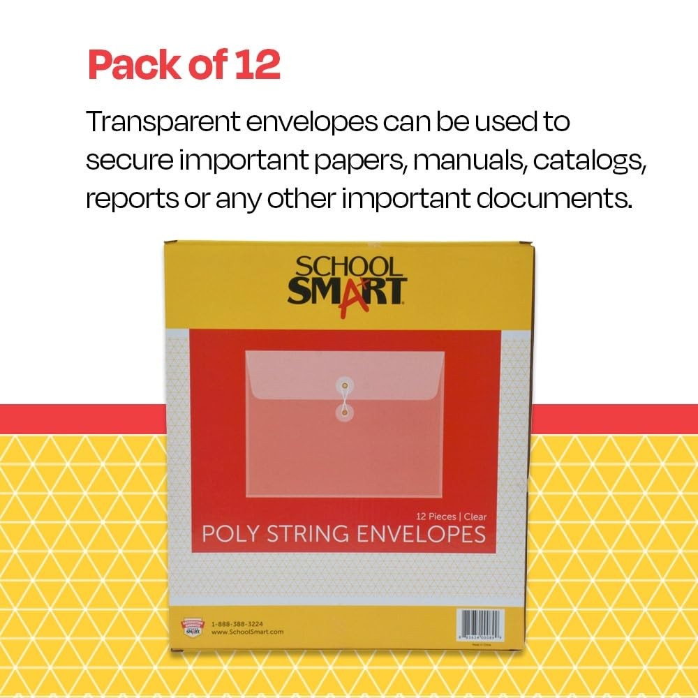 School Smart Expanding Poly String Envelopes, Letter 8 x 10 Inches, Clear