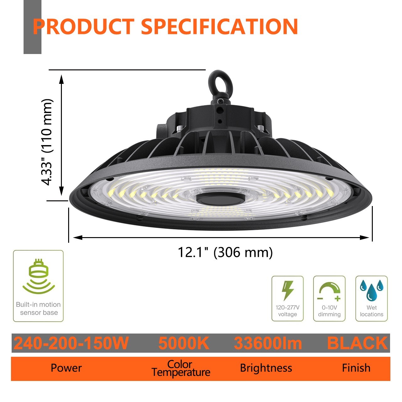 240 Watts UFO LED Light High Bay 5000K Warehouse Industrial Lighting AC 100-277V