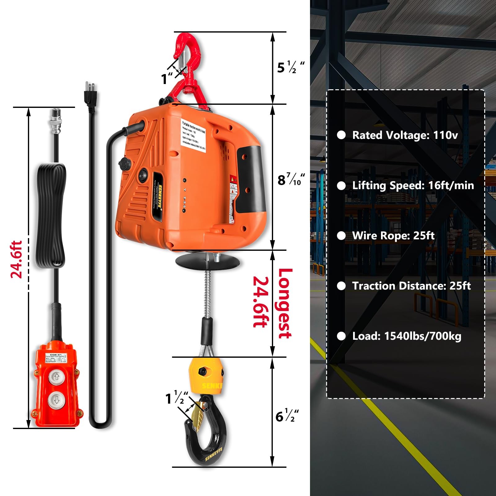 Power Electric Portable Hoist Winch 1500LBS, 3 in 1 Electric Cable Hoist 110V 25