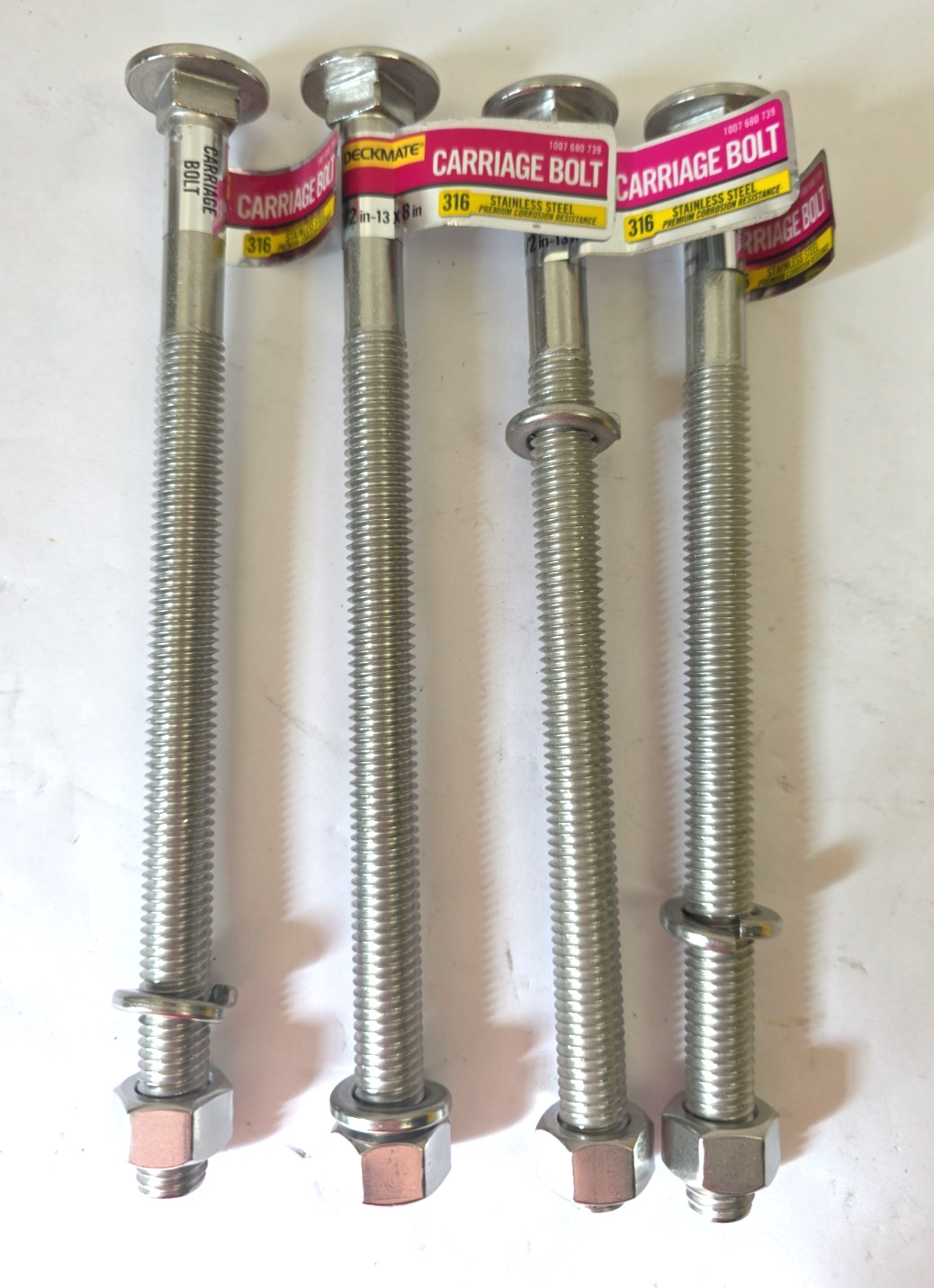4pk Marine Grade 316 Stainless Steel 1/2-13 X 8 In. Carriage Bolt, Nut & Washer
