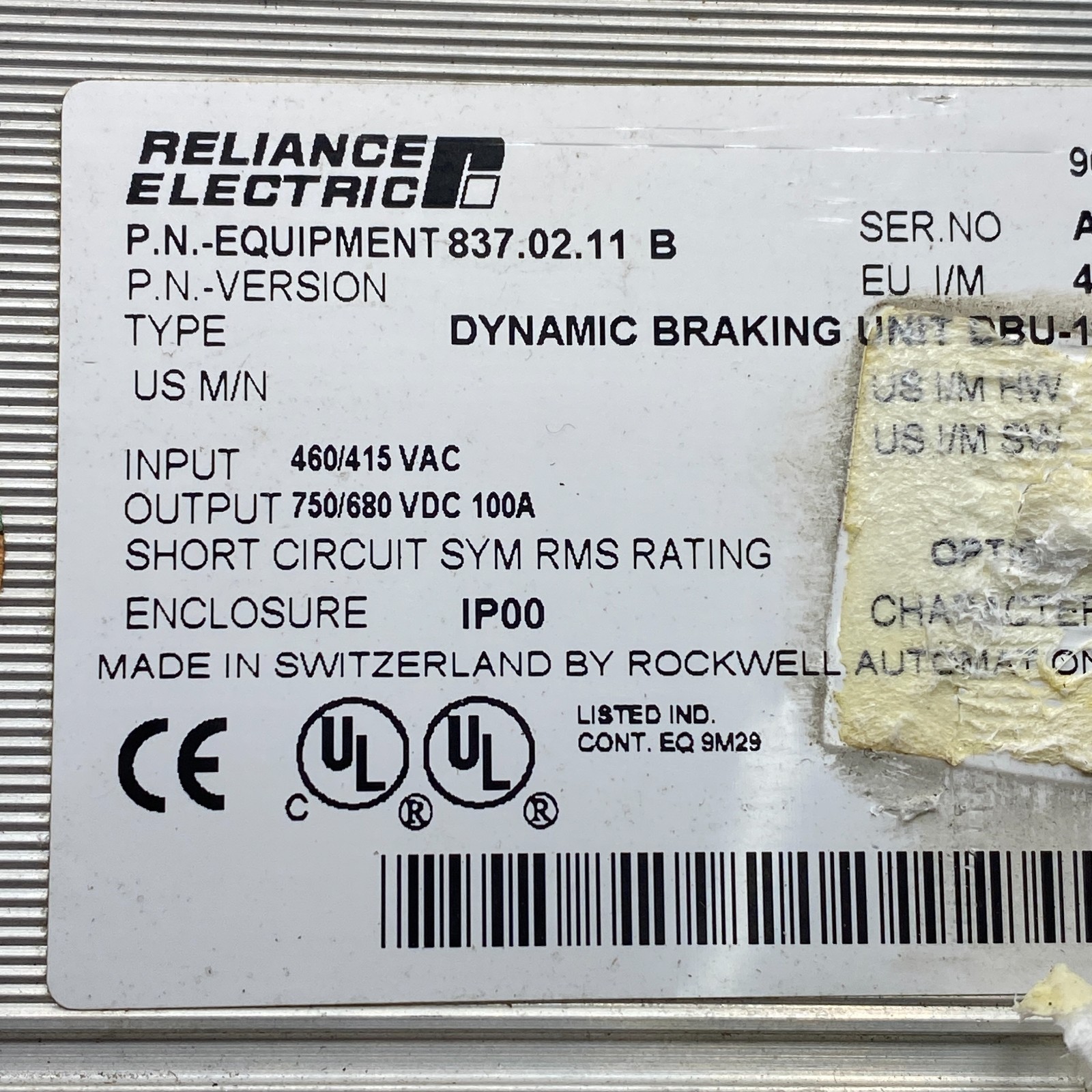 RELIANCE ELECTRIC 837.02.11 B DYNAMIC BRAKING UNIT DBU-100 8370211 DBU IP00