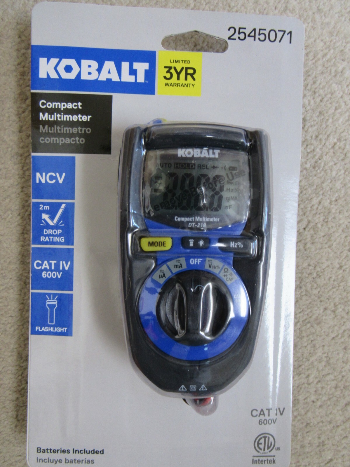 Kobalt 2545071 Compact Multimeter Cat IV 600V NCV Tester Flashlight