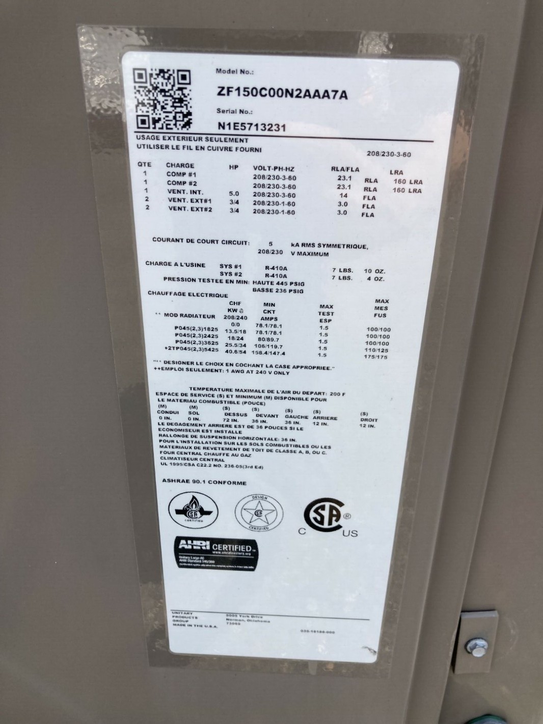 York 12.5 Ton Rooftop AC 208/230-3-60V R410A, ZF150C00N2AAA7A