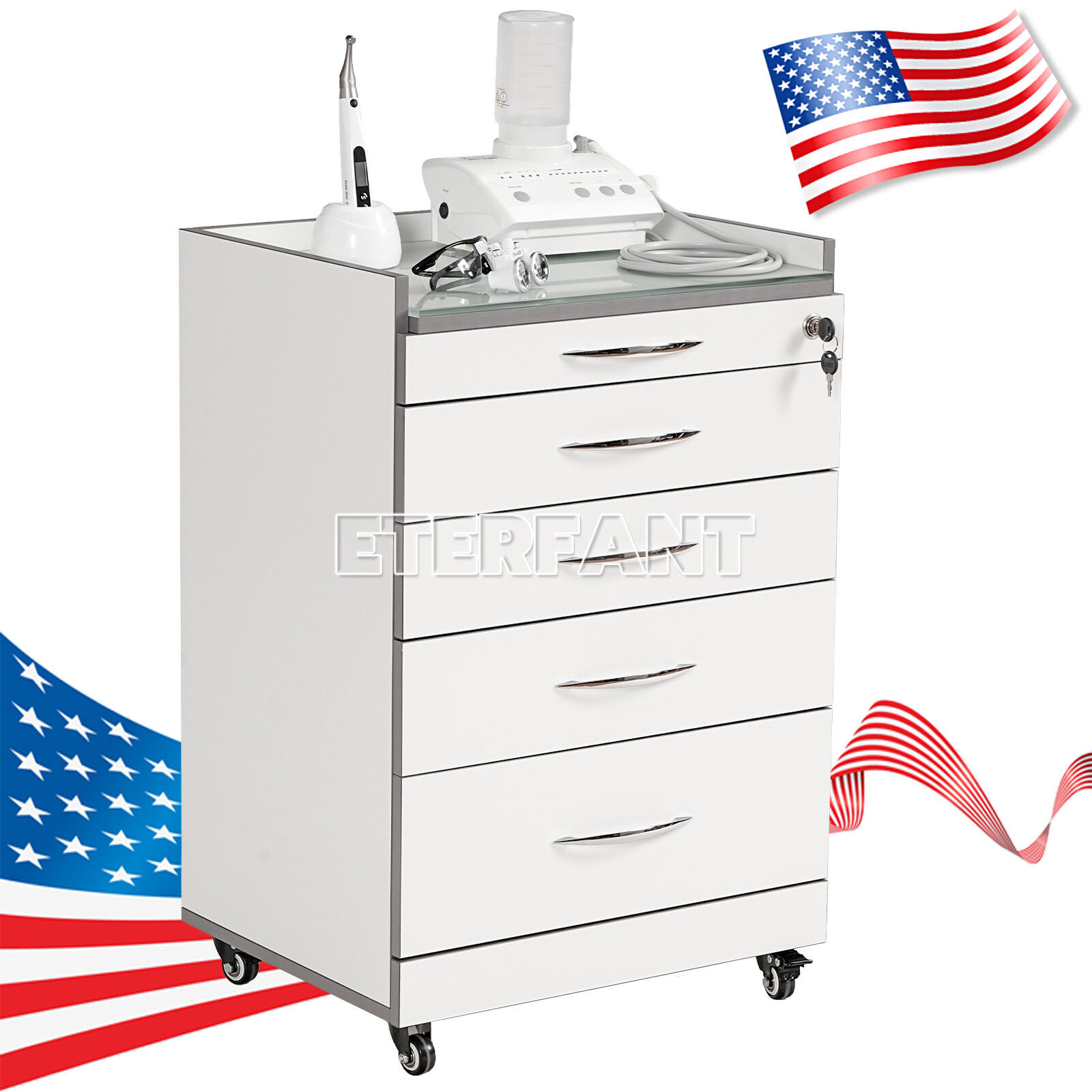 Dental Cabinet Rolling Medical Trolley Mobile Wooden Cart With Socket 4 Drawers