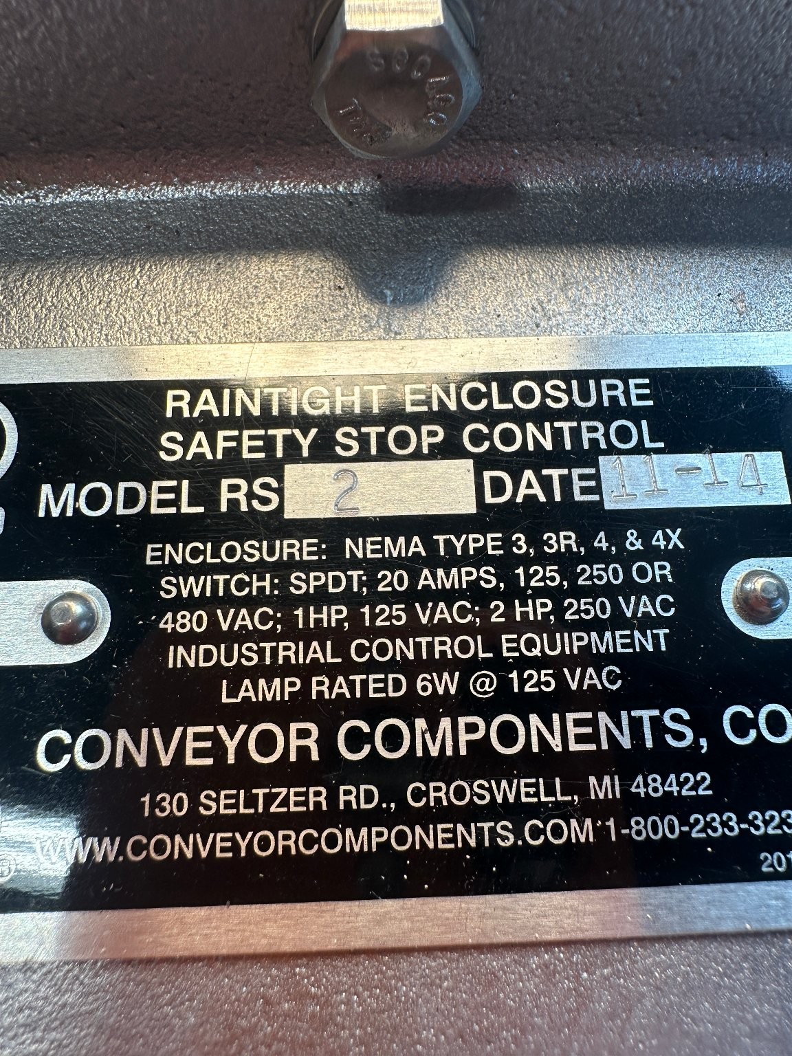 Conveyor Components RS2 Safety Stop Control Industrial Equipment NEMA 4X