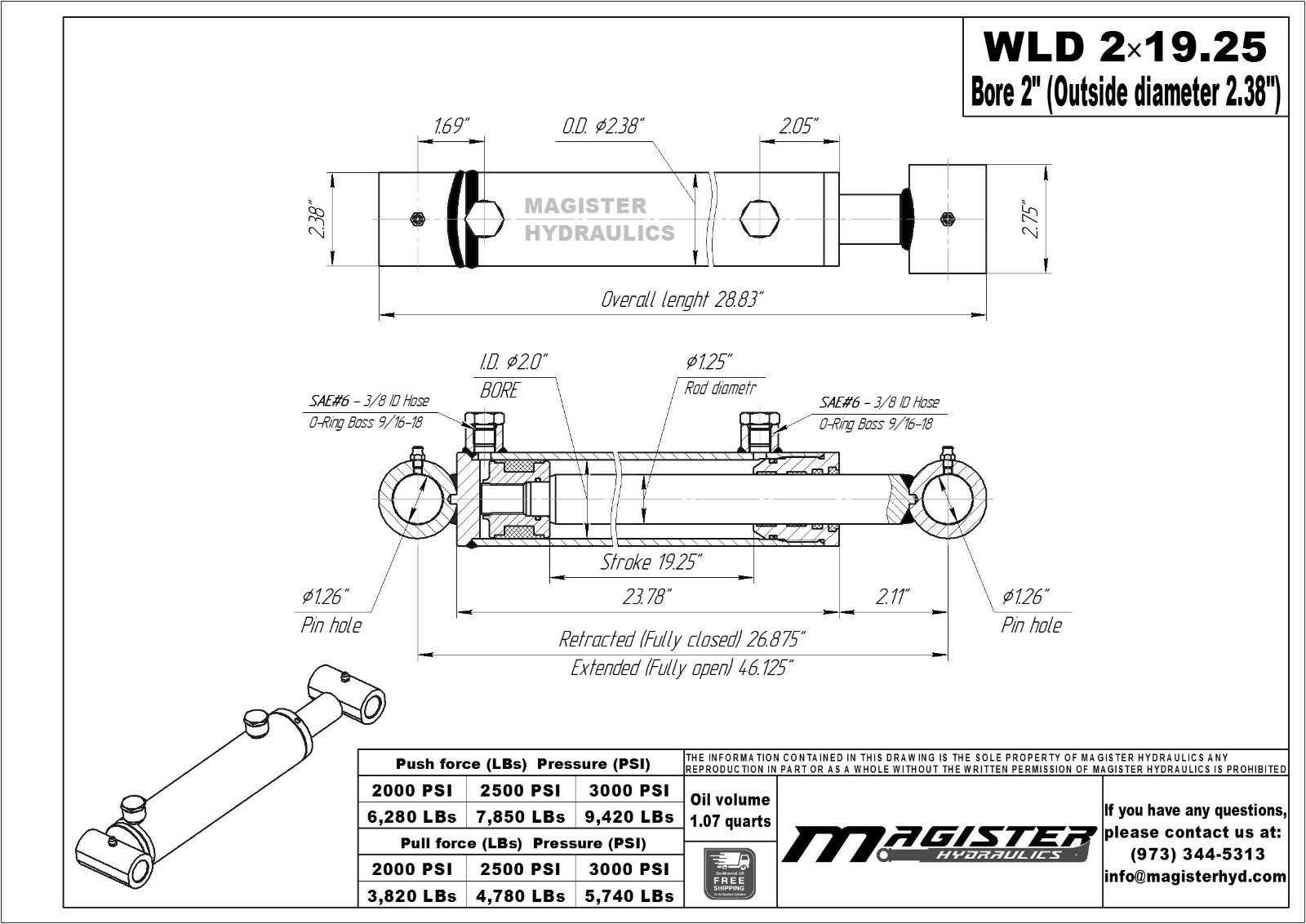 Hydraulic Cylinder For Loader Welded Double Acting 2″ Bore 19.25″ Stroke 2×19.25