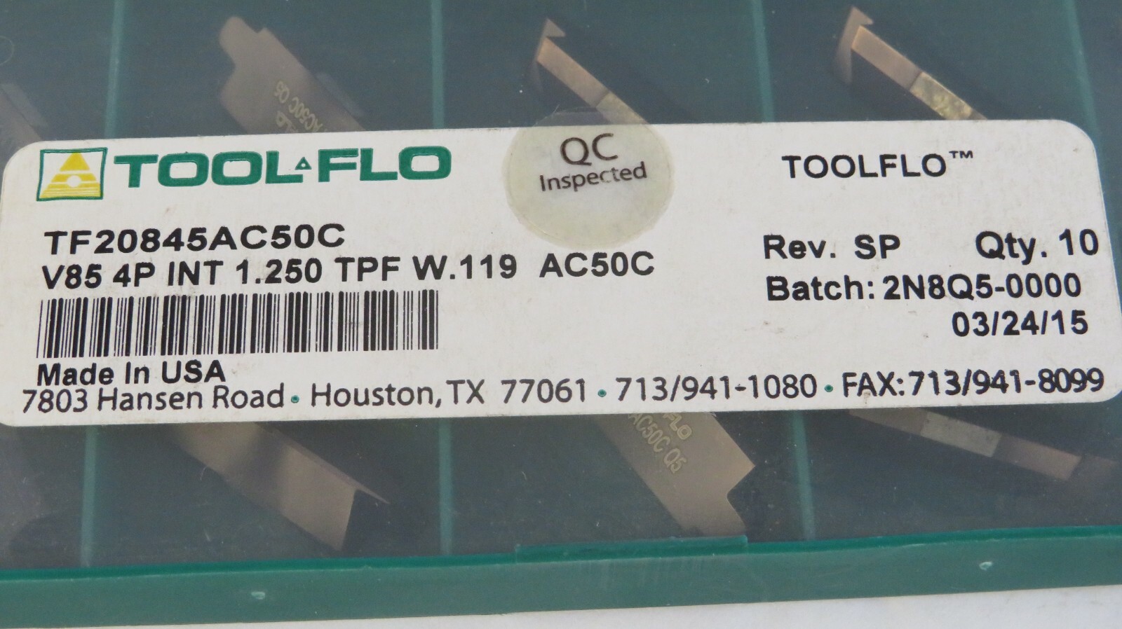 TOOLFLO CARBIDE V85 4P INT 1.250″ TPF W INTERNAL THREADING INSERT TF20845A AC50C