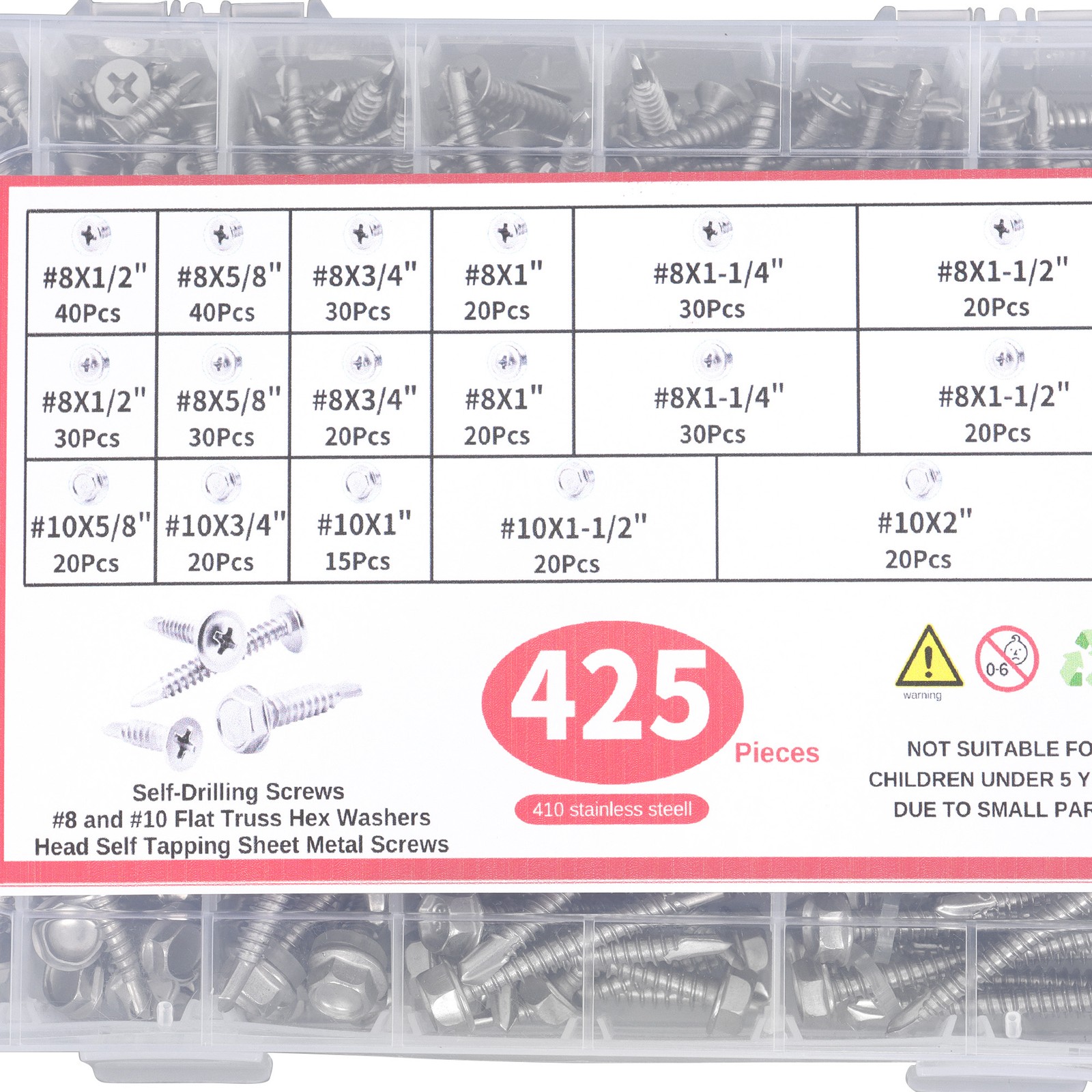 425PC 410 Stainless Steel Self-Tapping Screws #8#10 Self-Drilling Assortment Kit
