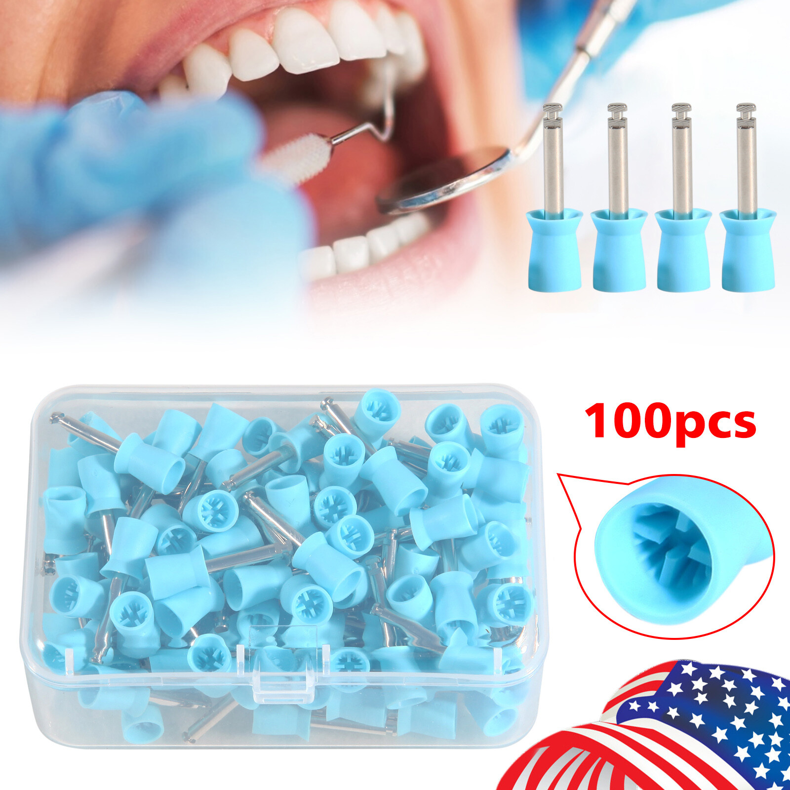 100 Pcs Dental Rubber Prophy Teeth Polish Polishing Cups Latch Type Brushes blue