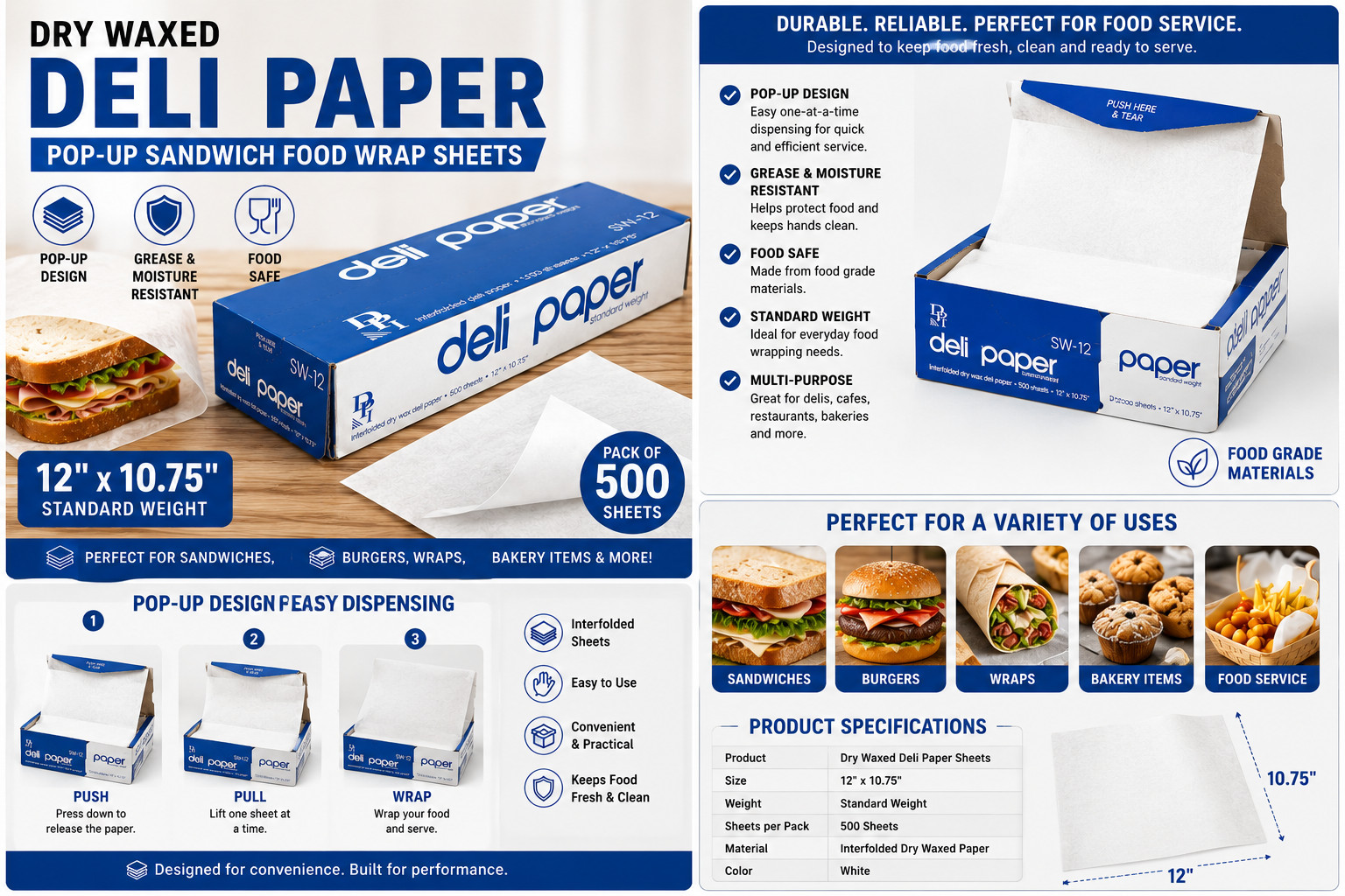 12×10.75 Dry Waxed Deli Paper Pop Up Sandwich Food Wrap Sheets 500 Pack