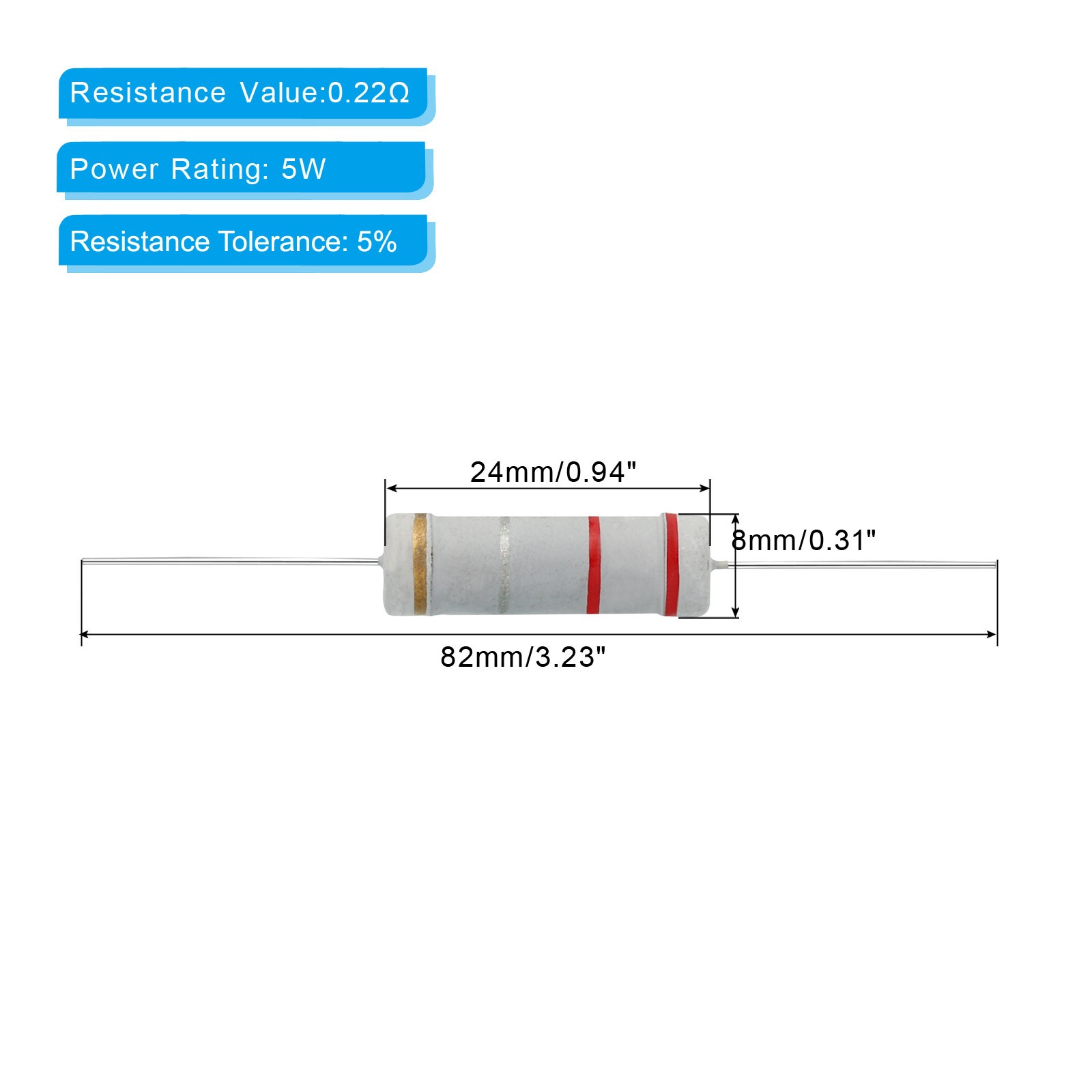 10pcs 5Watt 0.22 Ohm Carbon Film Resistor 5% Tolerance Axial Colored Ring
