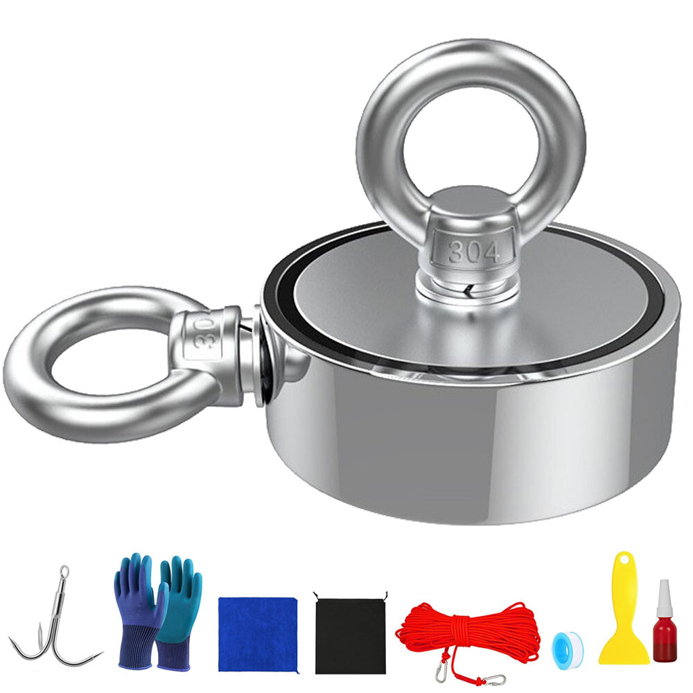 600- 2000 LBS Strong Fishing Magnet Kit Pull Force w/ 66ft Rope Carabiner Gloves