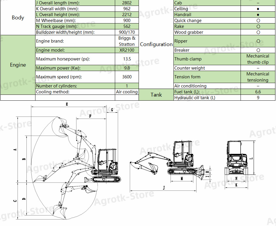 Agrotk Mini Excavator 1 Ton Digger 13.5HP Gas Rubber Tracked Crawler B&S Engine