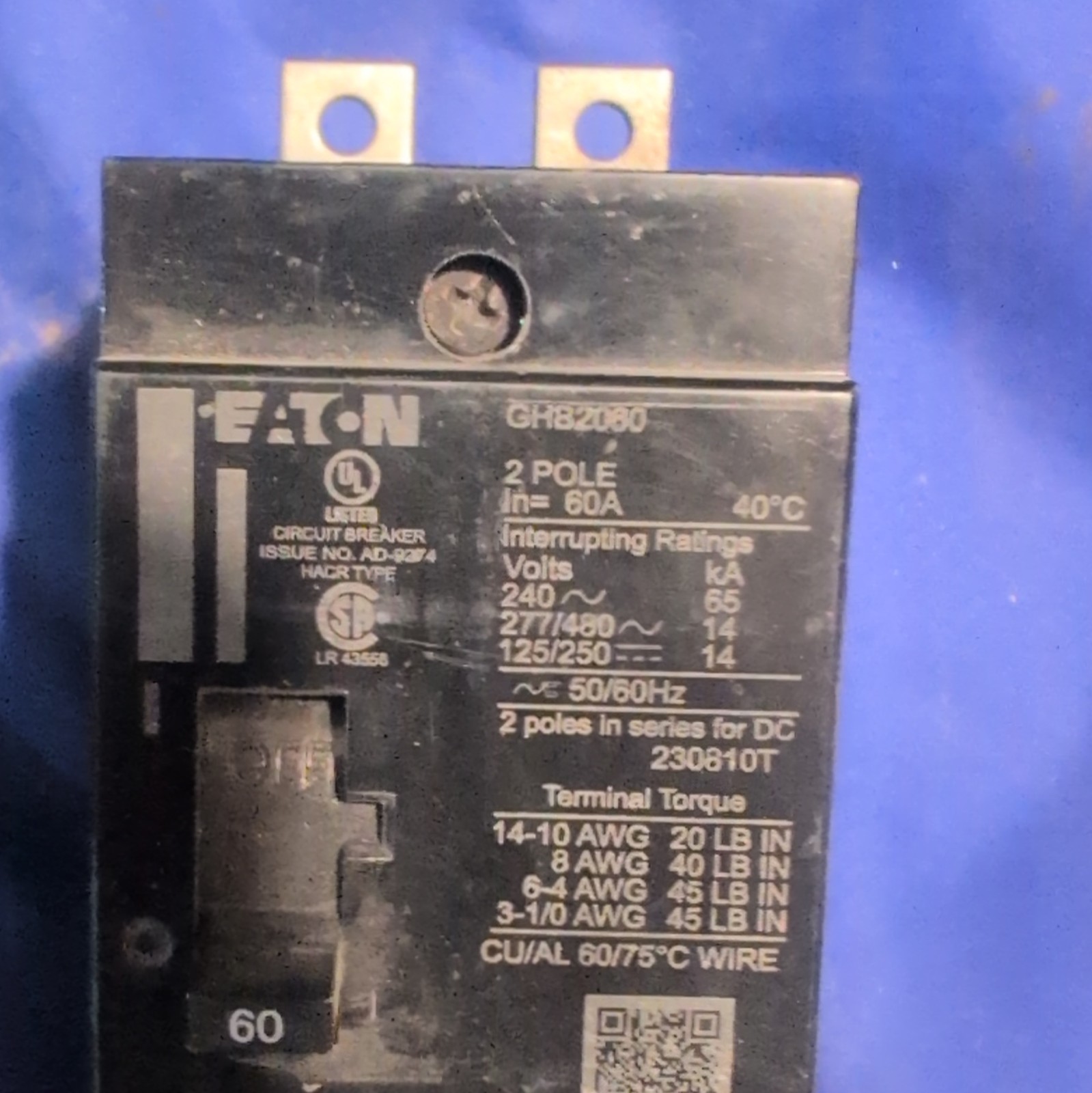 Eaton GHB2060 Circuit Breaker 60A 201-250V 2-Pole Bolt-On DPST Thermal